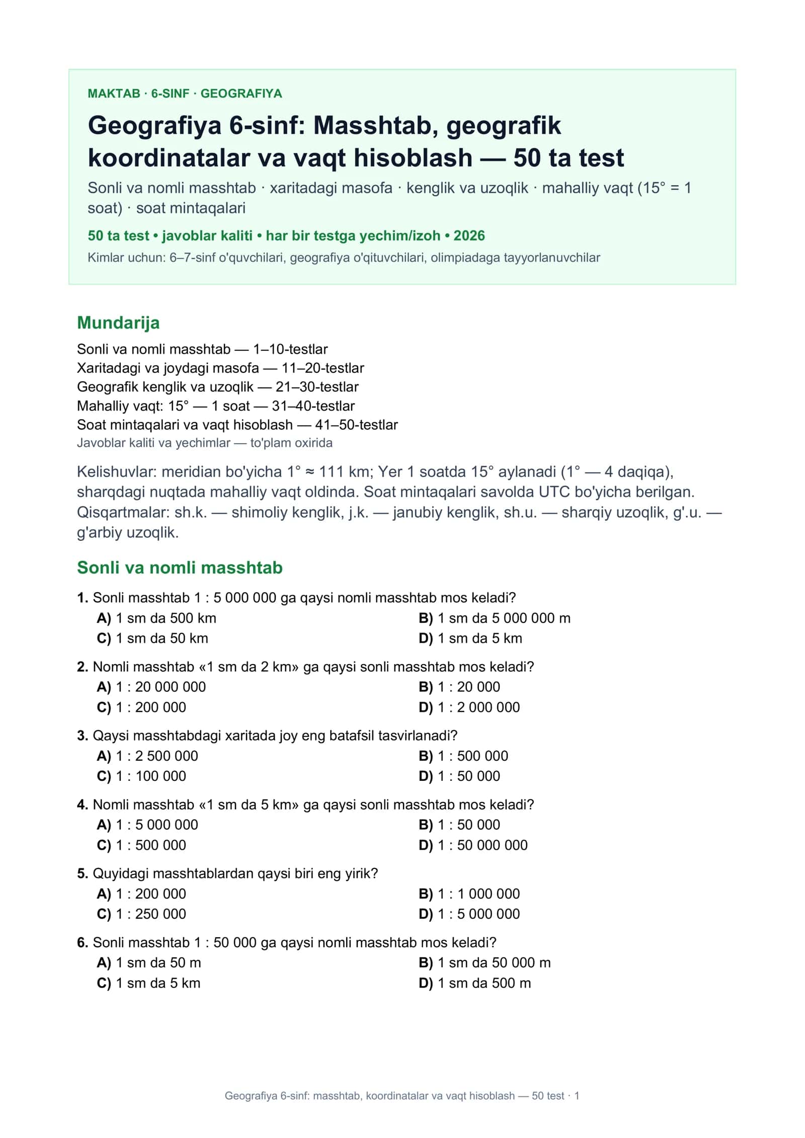 Geografiya 6-sinf: masshtab, koordinatalar va vaqt hisoblash