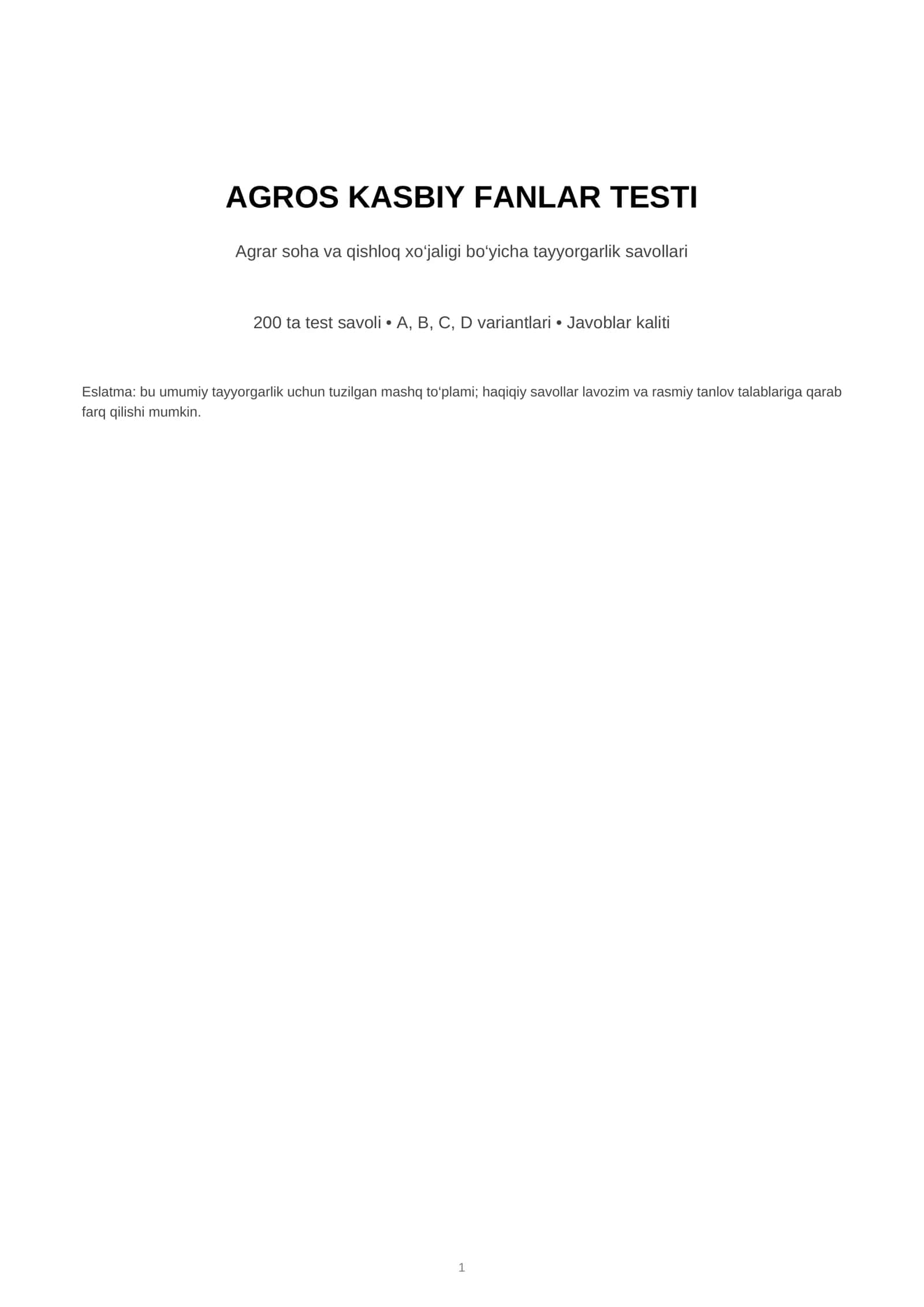 Agros kasbiy fanlar testi — 200 ta savol va javoblar PDF