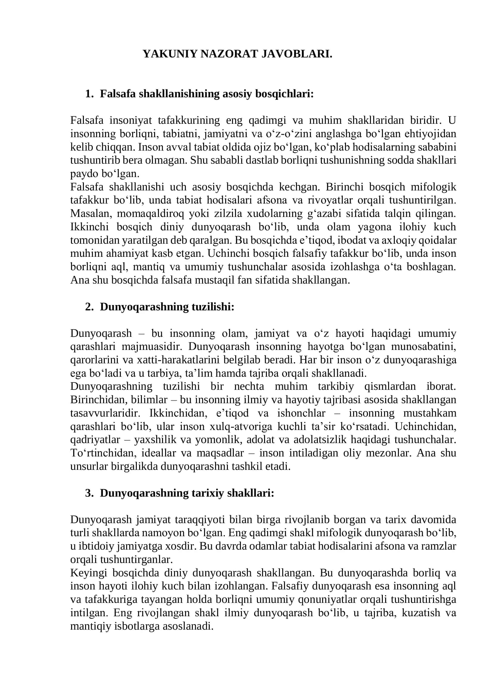Falsafa fanidan Yakuniy javoblari.