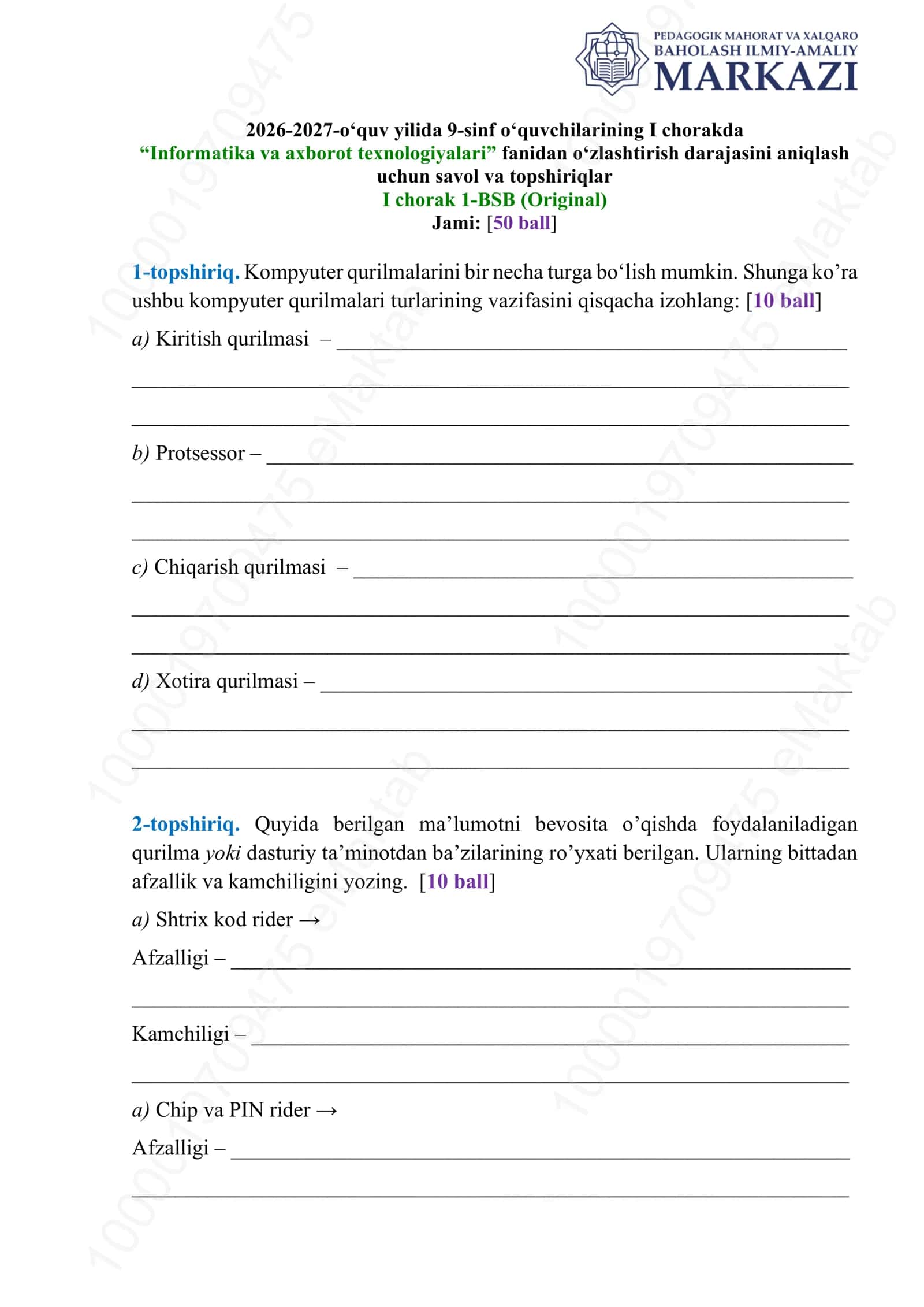 2026-2027-o‘quv yilida 9-sinf o‘quvchilarining I chorakda “Informatika va axborot texnologiyalari” fanidan o‘zlashtirish darajasini aniqlash uchun savol va topshiriqlar I chorak 1-BSB (Original)
