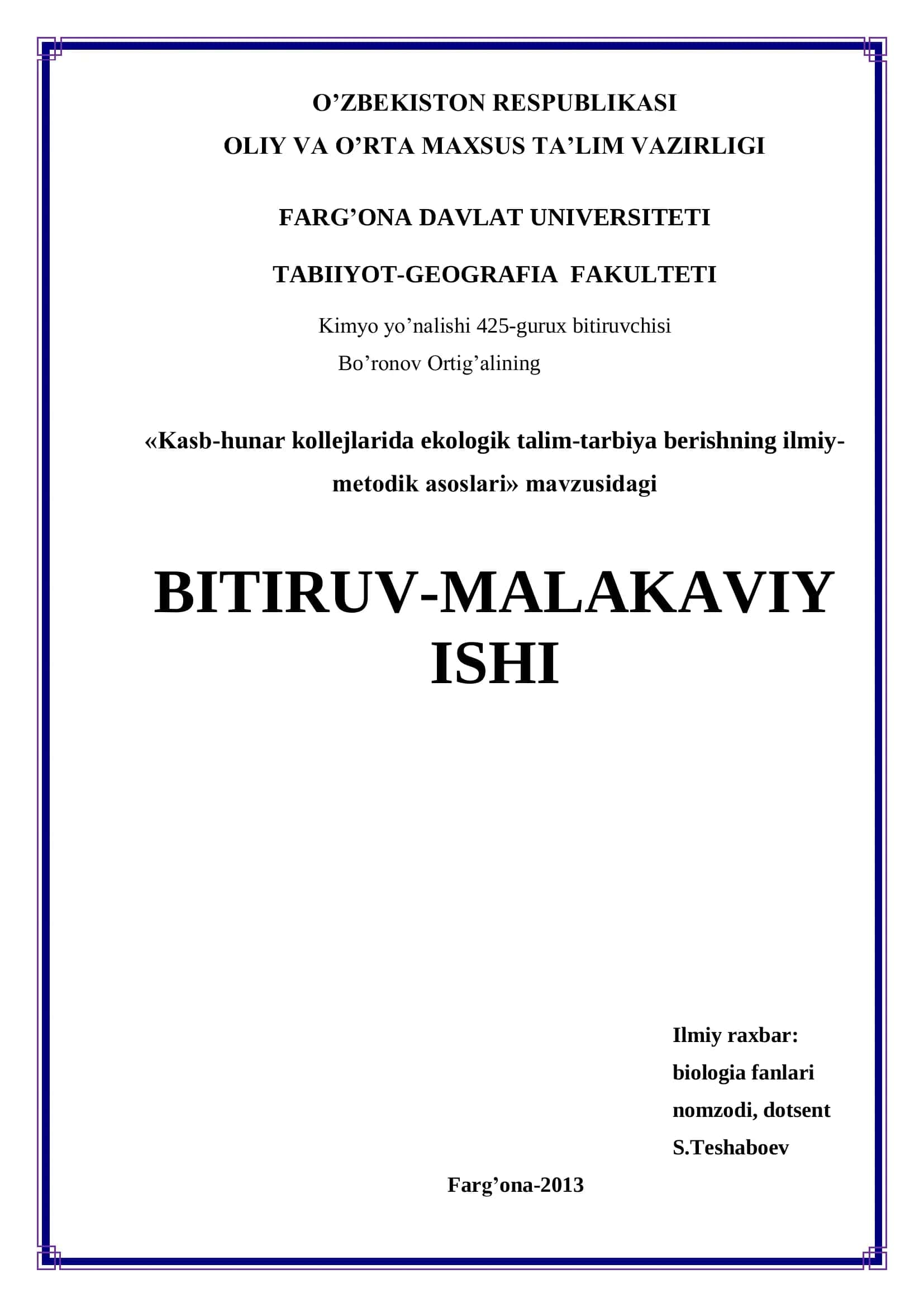 Kasb-hunar kollejlarida ekologik talim-tarbiya berishning ilmiy-metodik asoslari