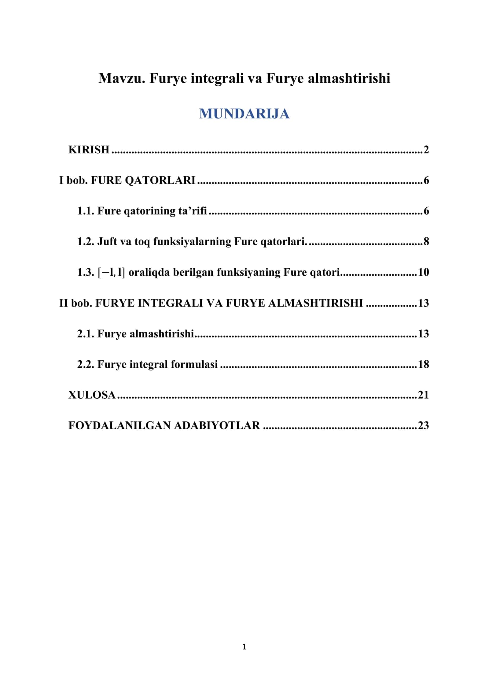 Furye integrali va Furye almashtirishi