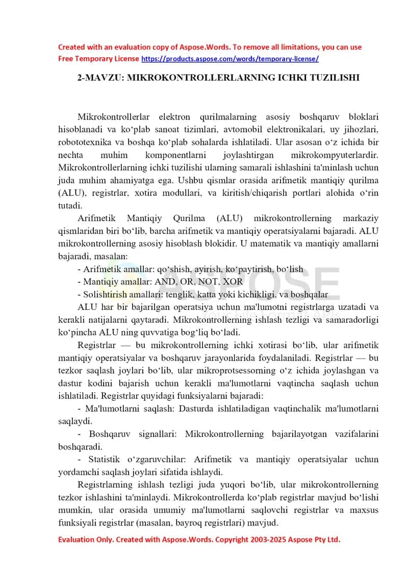 Mikrokontrollerlarning ichki tuzilishi