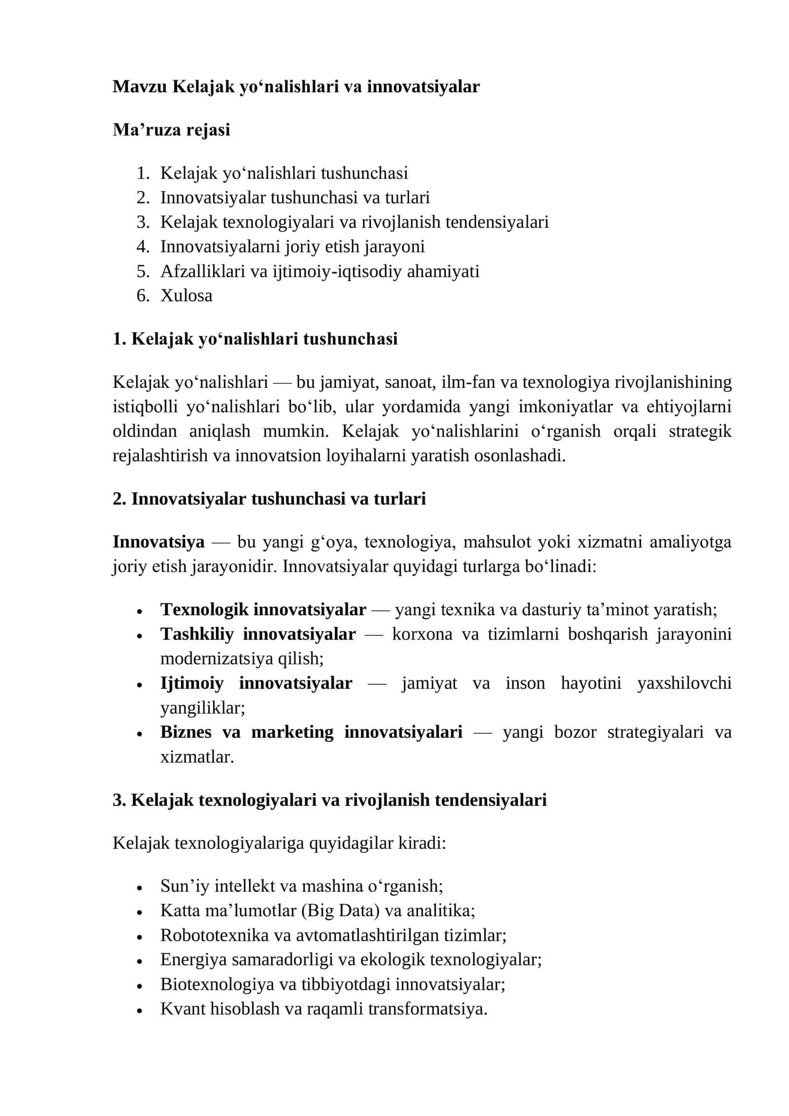 Kelajak yo‘nalishlari va innovatsiyalar
