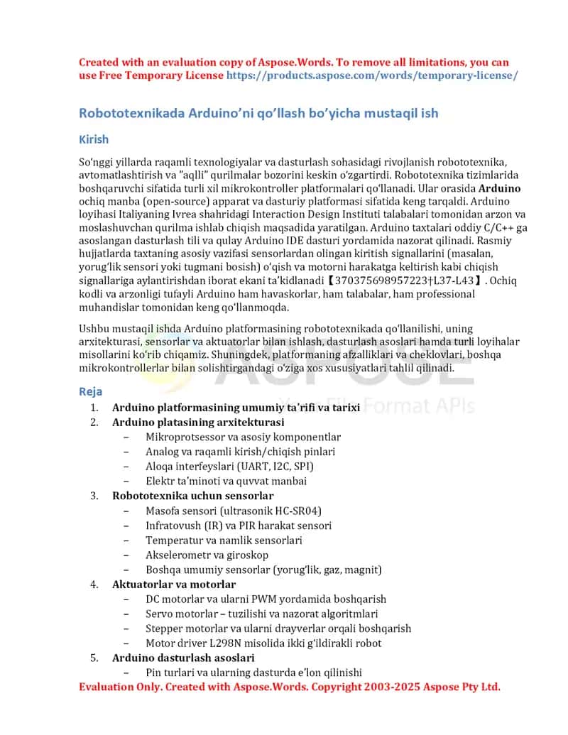 Robototexnikada Arduino’ni qo’llash bo’yicha mustaqil ish