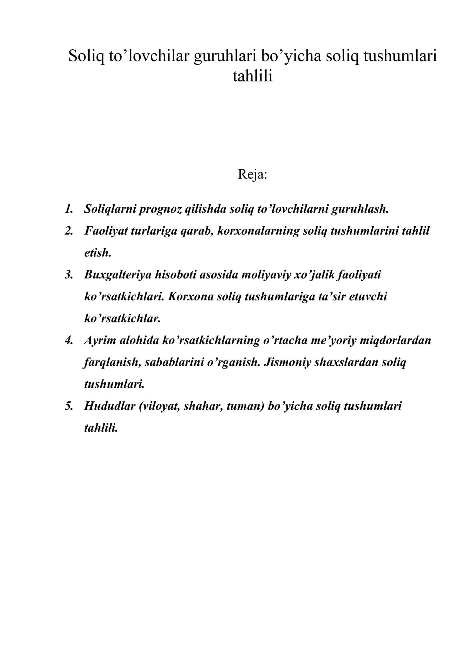 Soliq to’lovchilar guruhlari bo’yicha soliq tushumlari tahlili