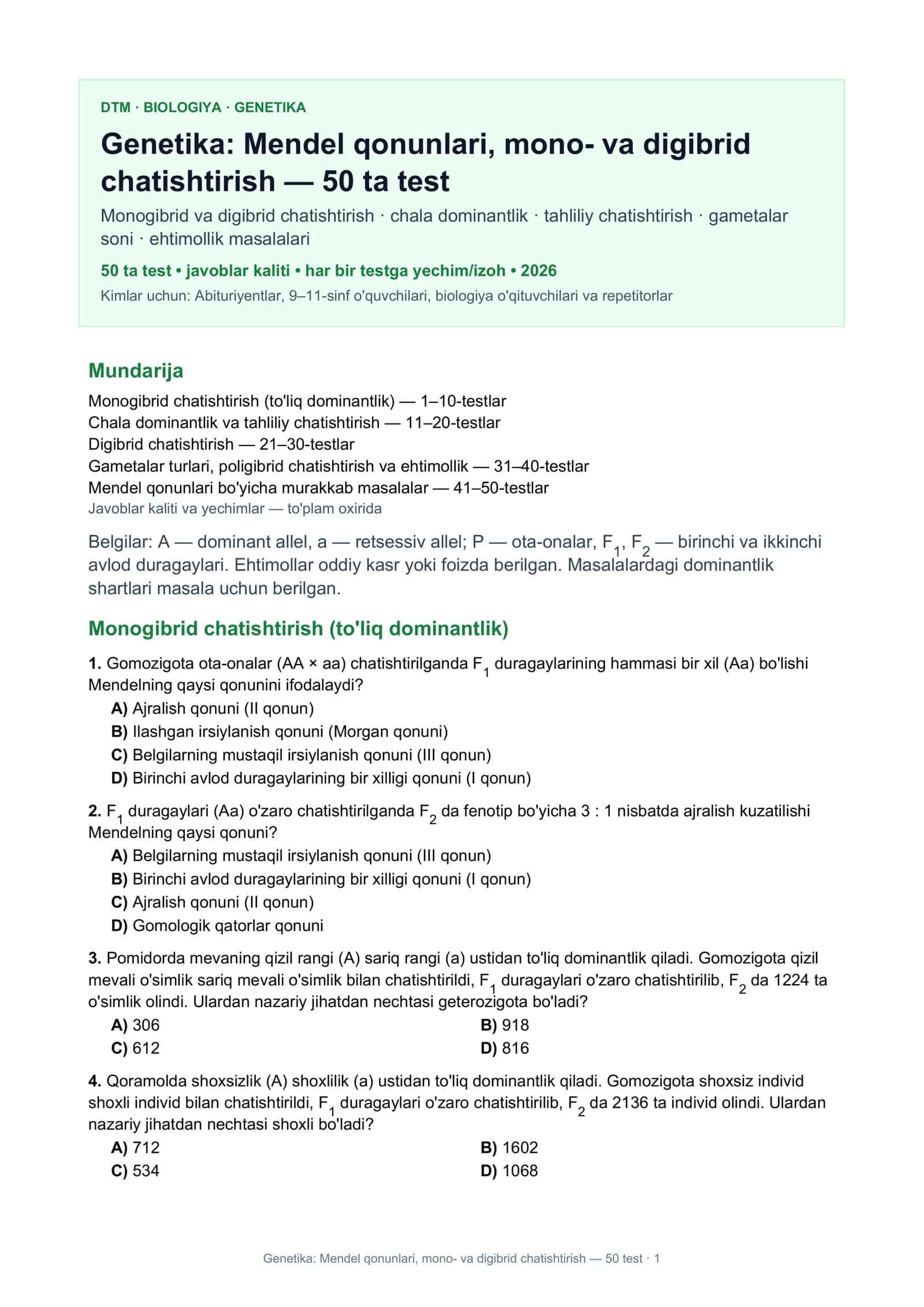 Genetika: Mendel qonunlari, mono- va digibrid chatishtirish — 50 test