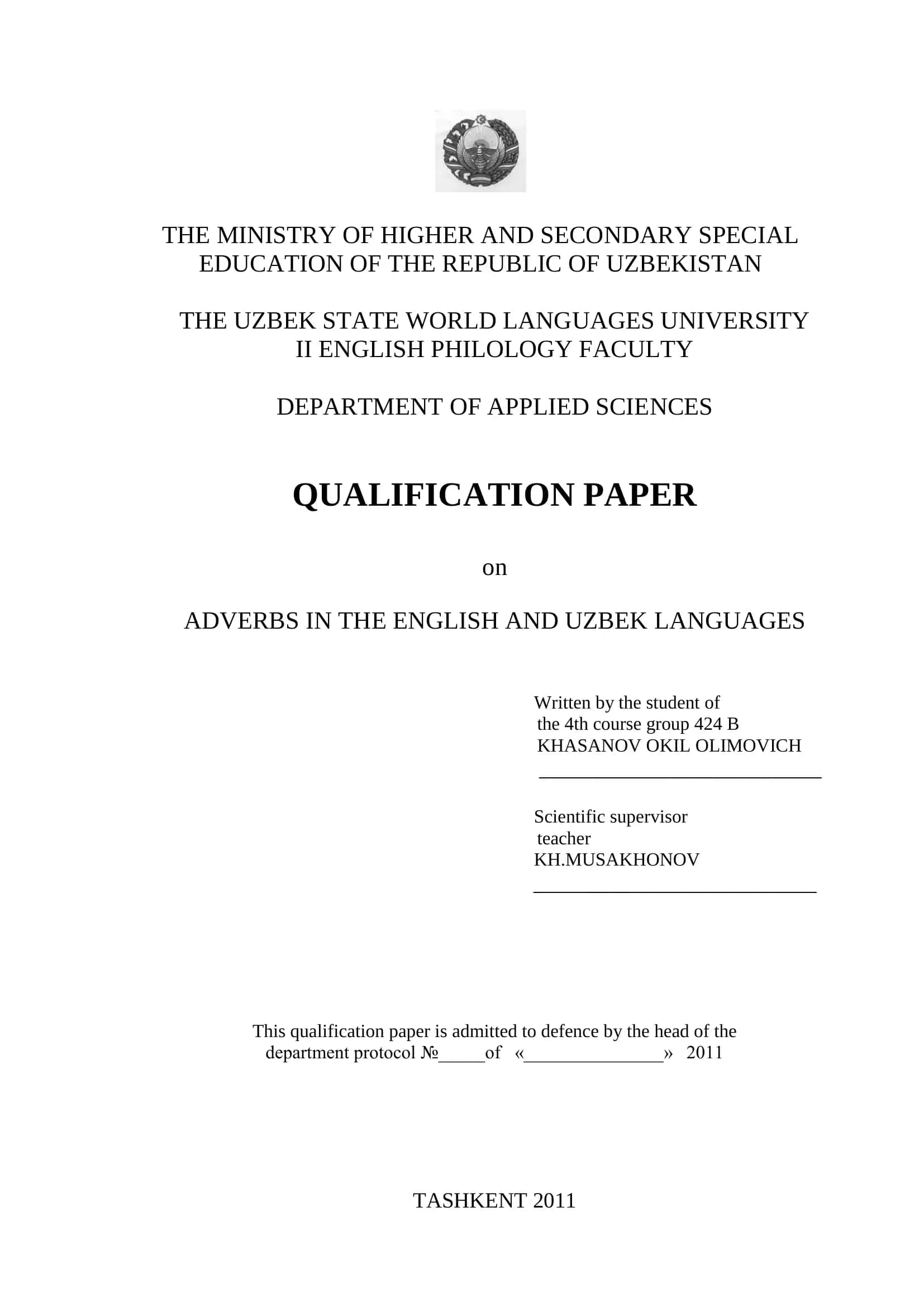 QUALIFICATION PAPER on ADVERBS IN THE ENGLISH AND UZBEK LANGUAGES