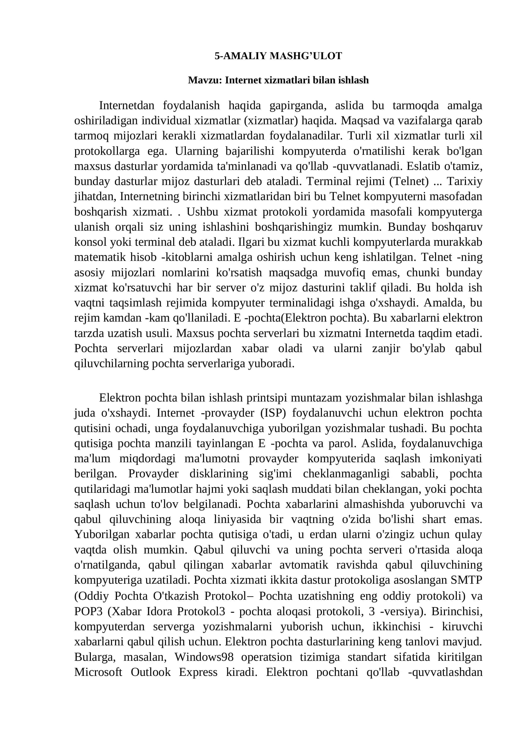 Internet xizmatlari bilan ishlash