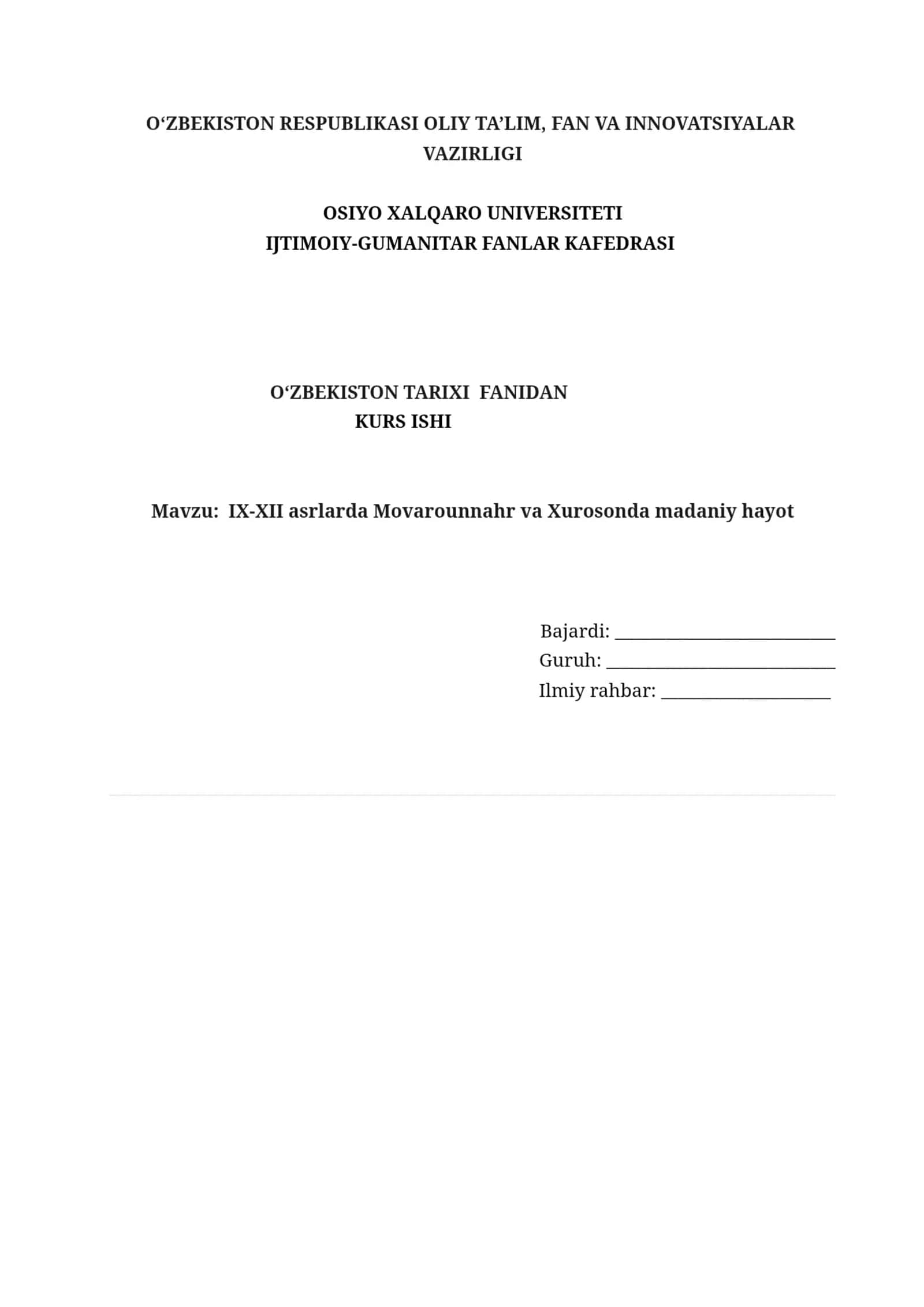 IX-XIII asrda Movorounnahr va Xurosonda madaniy hayot
