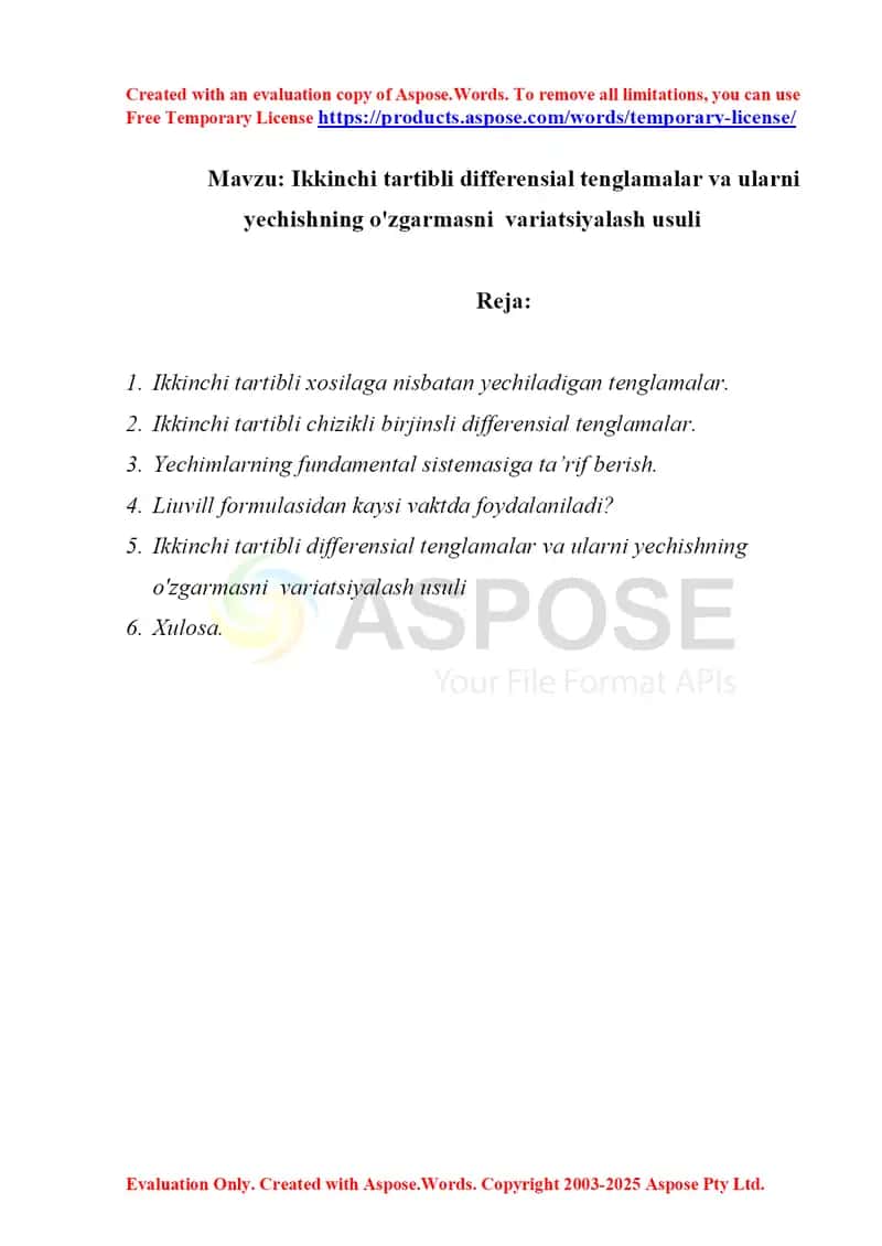 Ikkinchi tartibli differensial tenglamalar va ularni yechishning o'zgarmasni variatsiyalash usuli