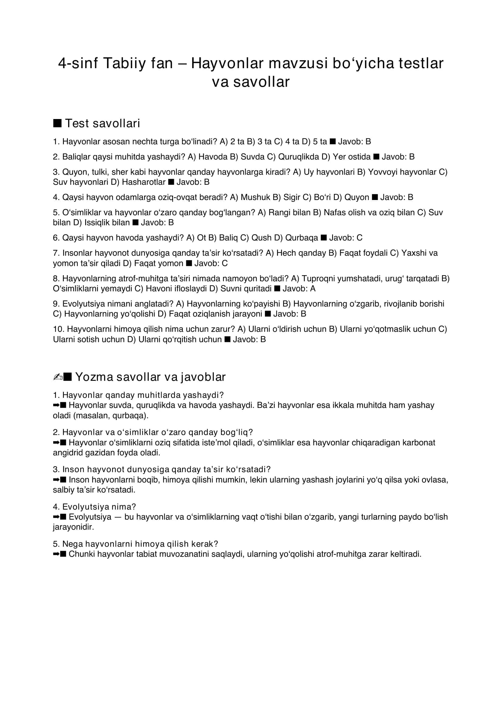 4 sinflar uchun tabiiy fanlardan test va savollar.