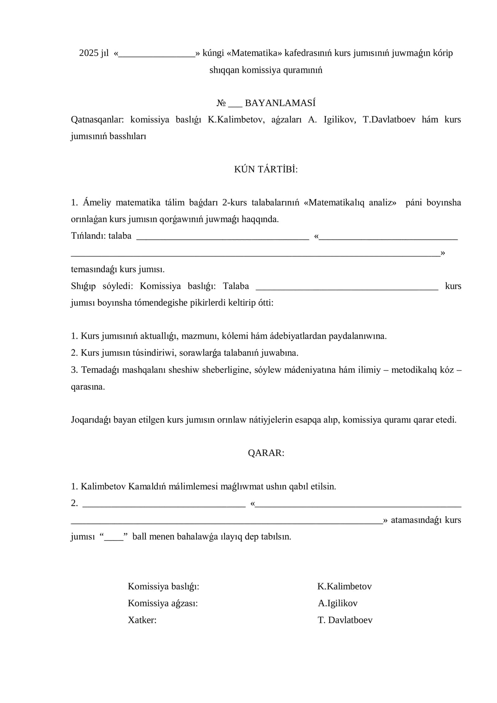Matematika Kafedrasi Kurs Jumisi
