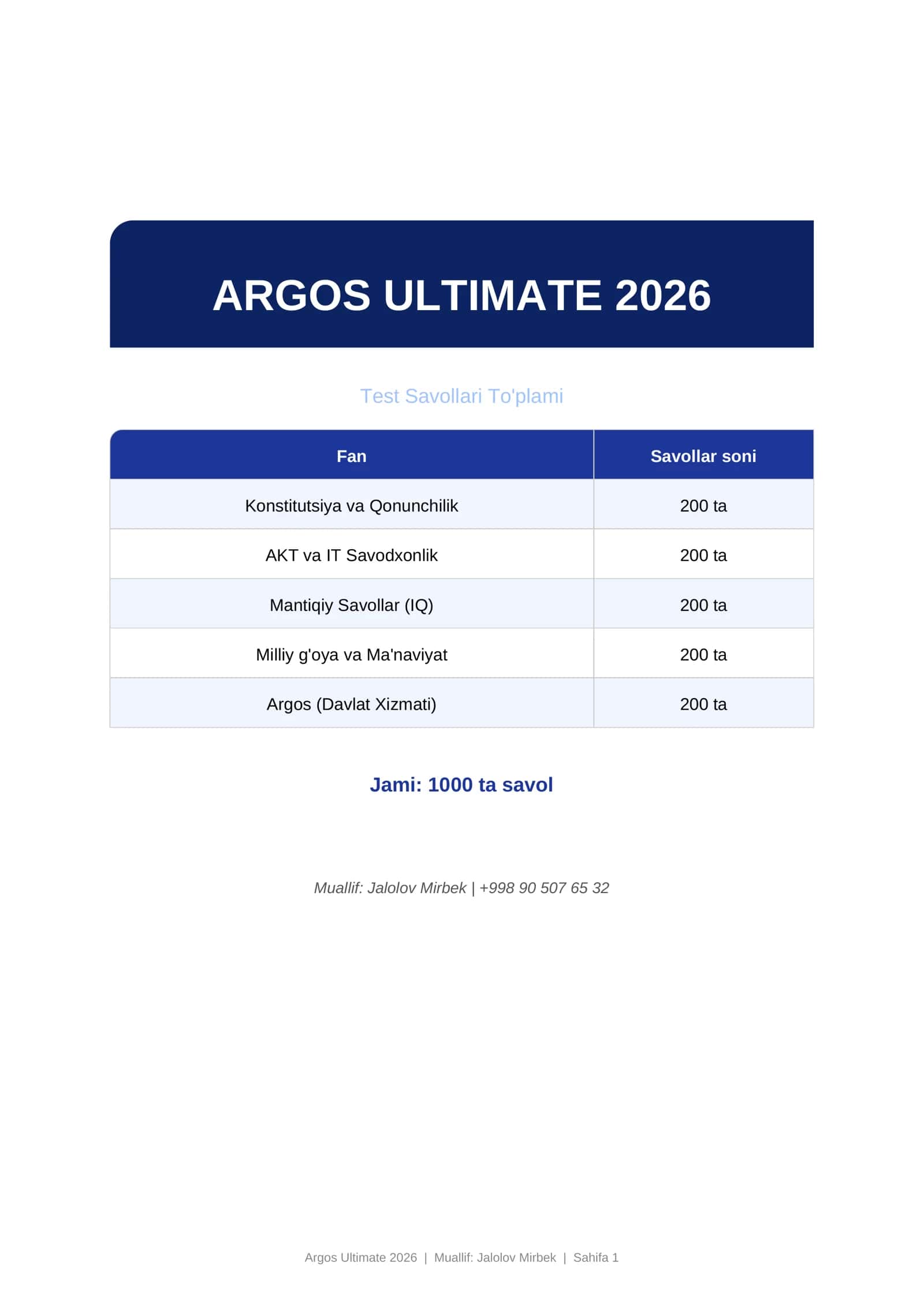 ARGOS ULTIMATE 2026 Test Savollari To'plami
