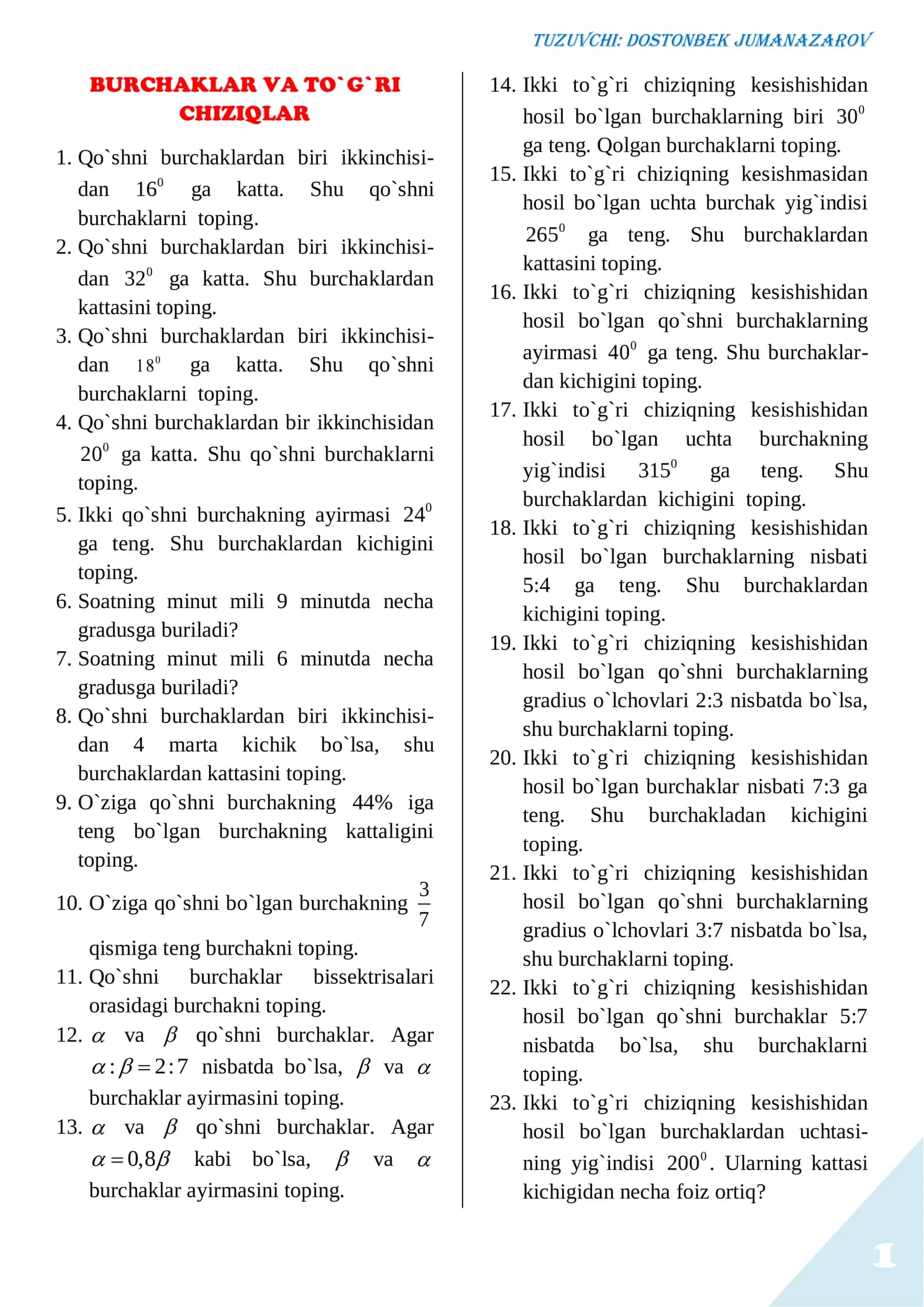 Burchaklar va To`g`ri Chiziqlar