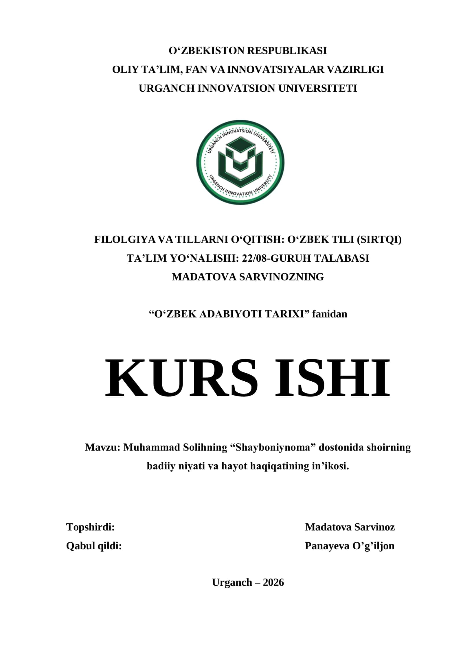 "Muhammad Solihning “Shayboniynoma” dostonida shoirning badiiy niyati va hayot haqiqatining in’ikosi."