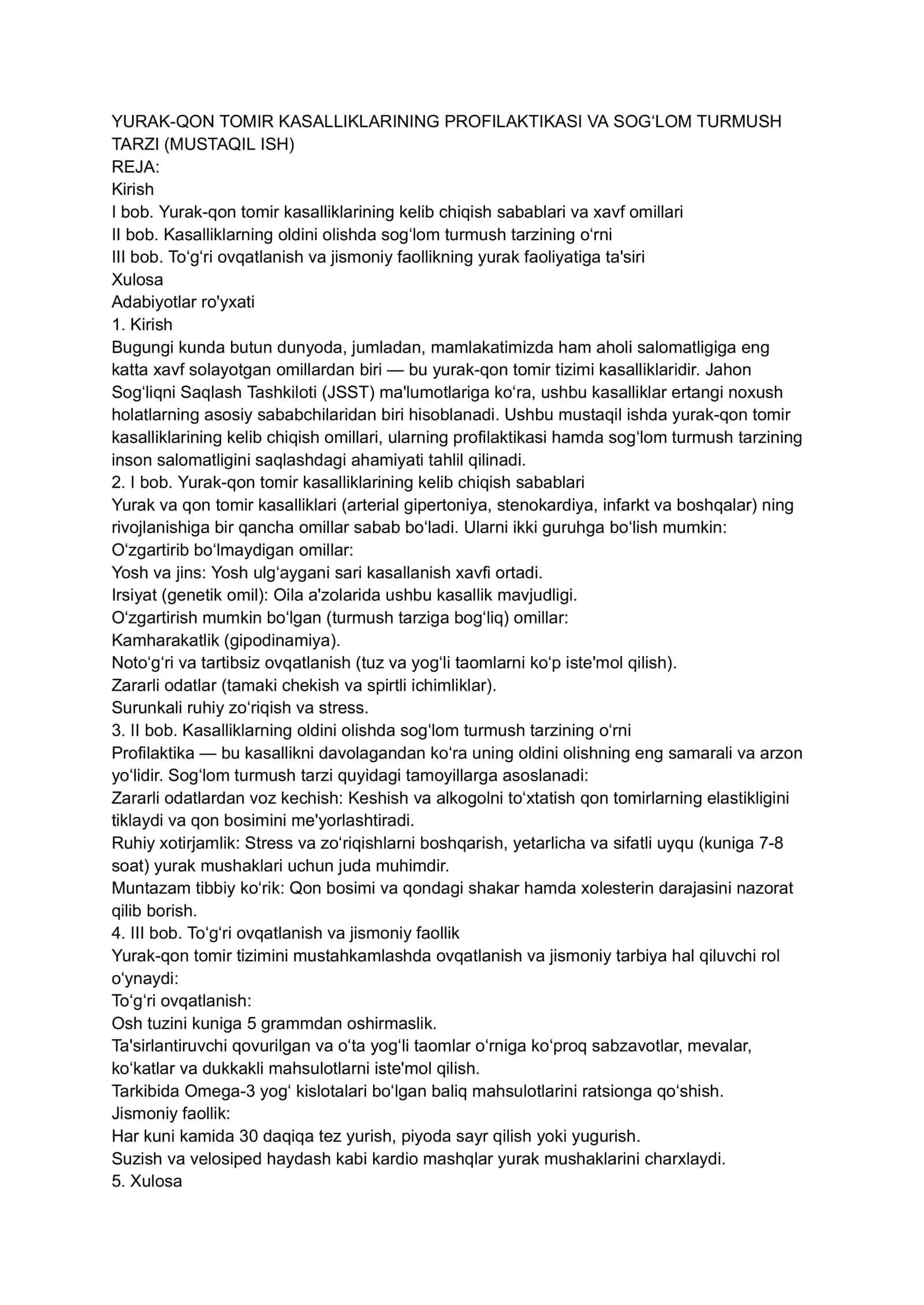YURAK-QON TOMIR KASALLIKLARINING PROFILAKTIKASI VA SOGʻLOM TURMUSH TARZI (MUSTAQIL ISH)