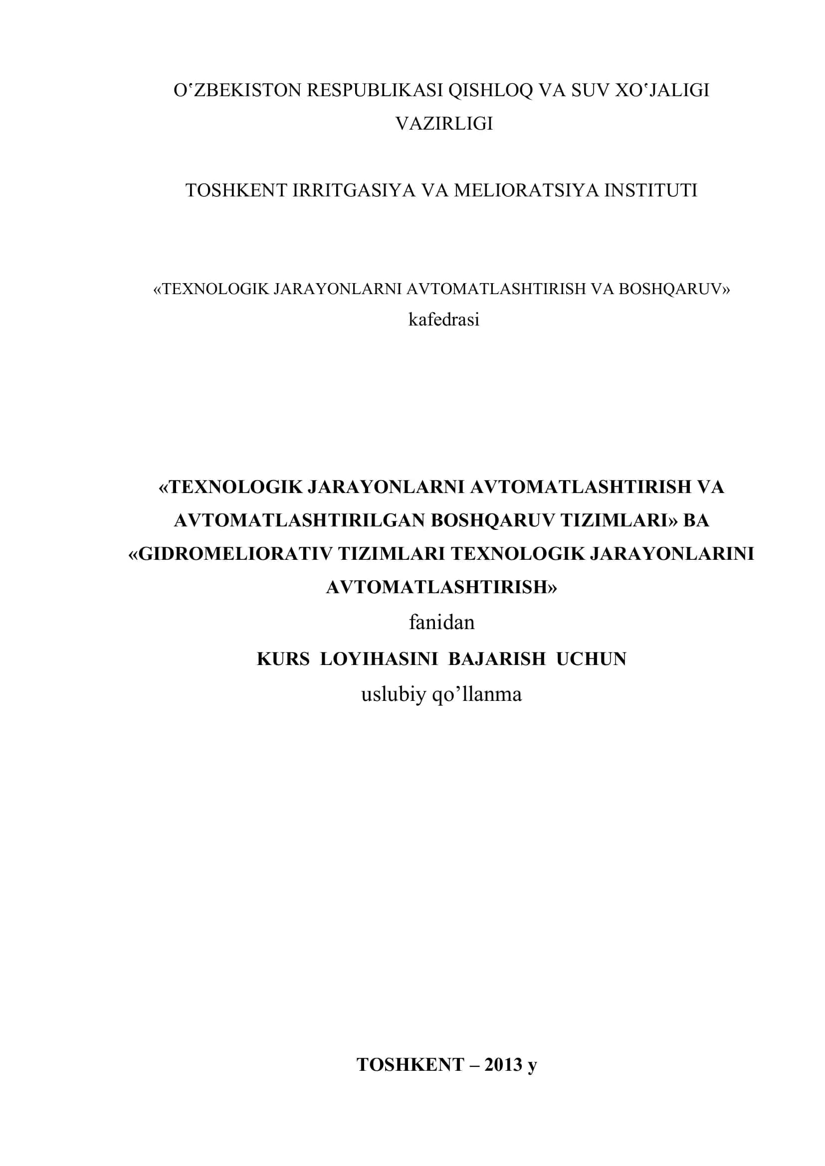 TЕXNОLОGIK JАRАYONLАRNI АVTОMАTLАSHTIRISH VА BОSHQАRUV