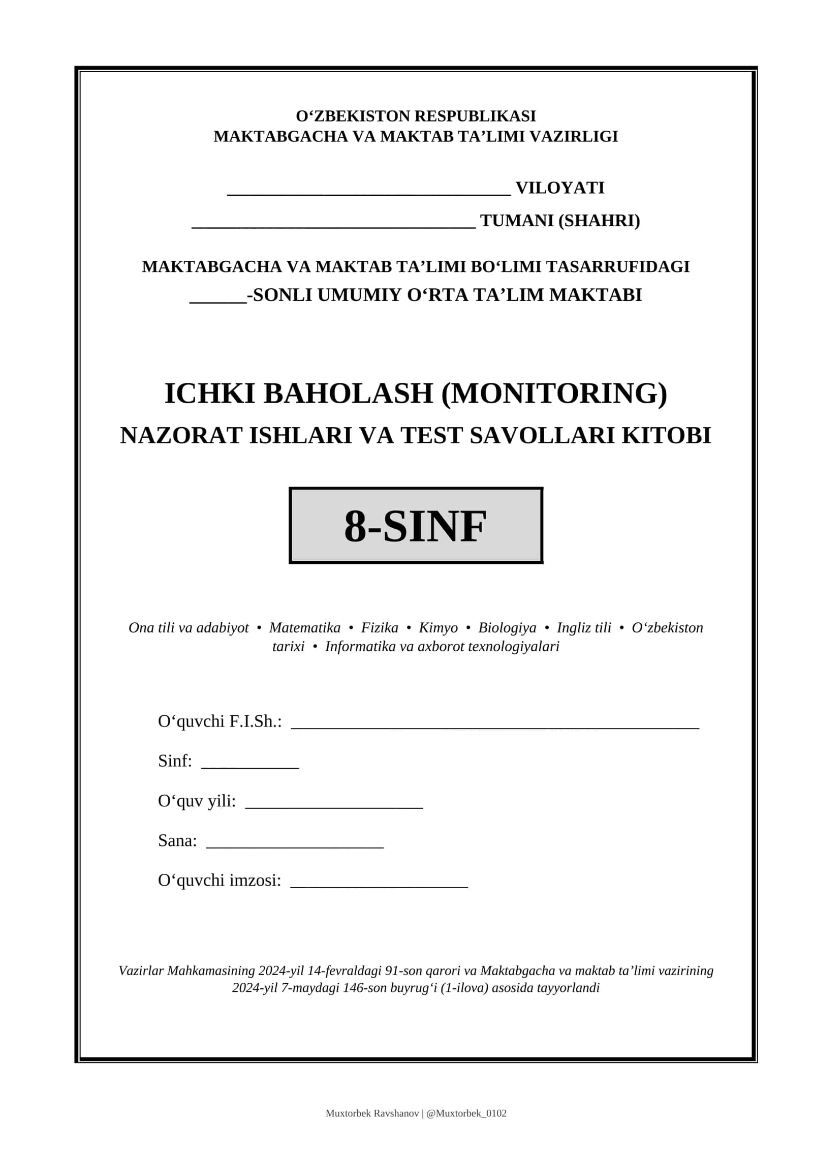NAZORAT ISHLARI VA TEST SAVOLLARI KITOBI