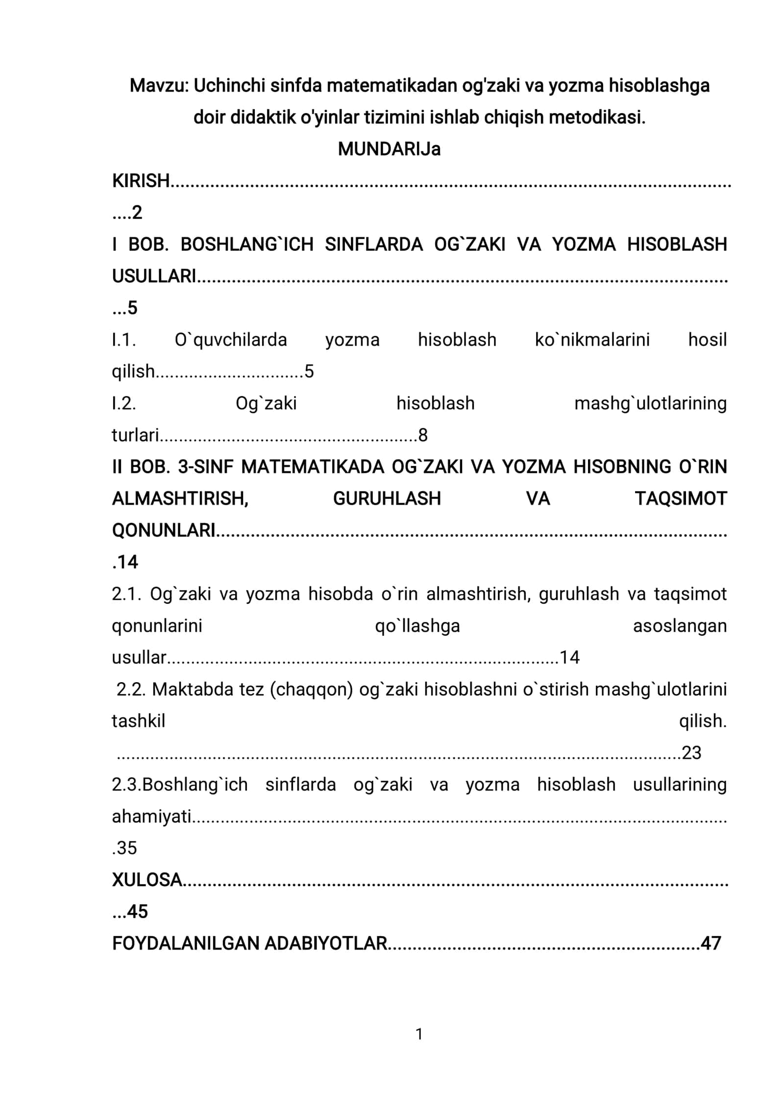 Uchinchi sinfda matematikadan og'zaki va yozma hisoblashga doir didaktik o'yinlar tizimini ishlab chiqish metodikasi