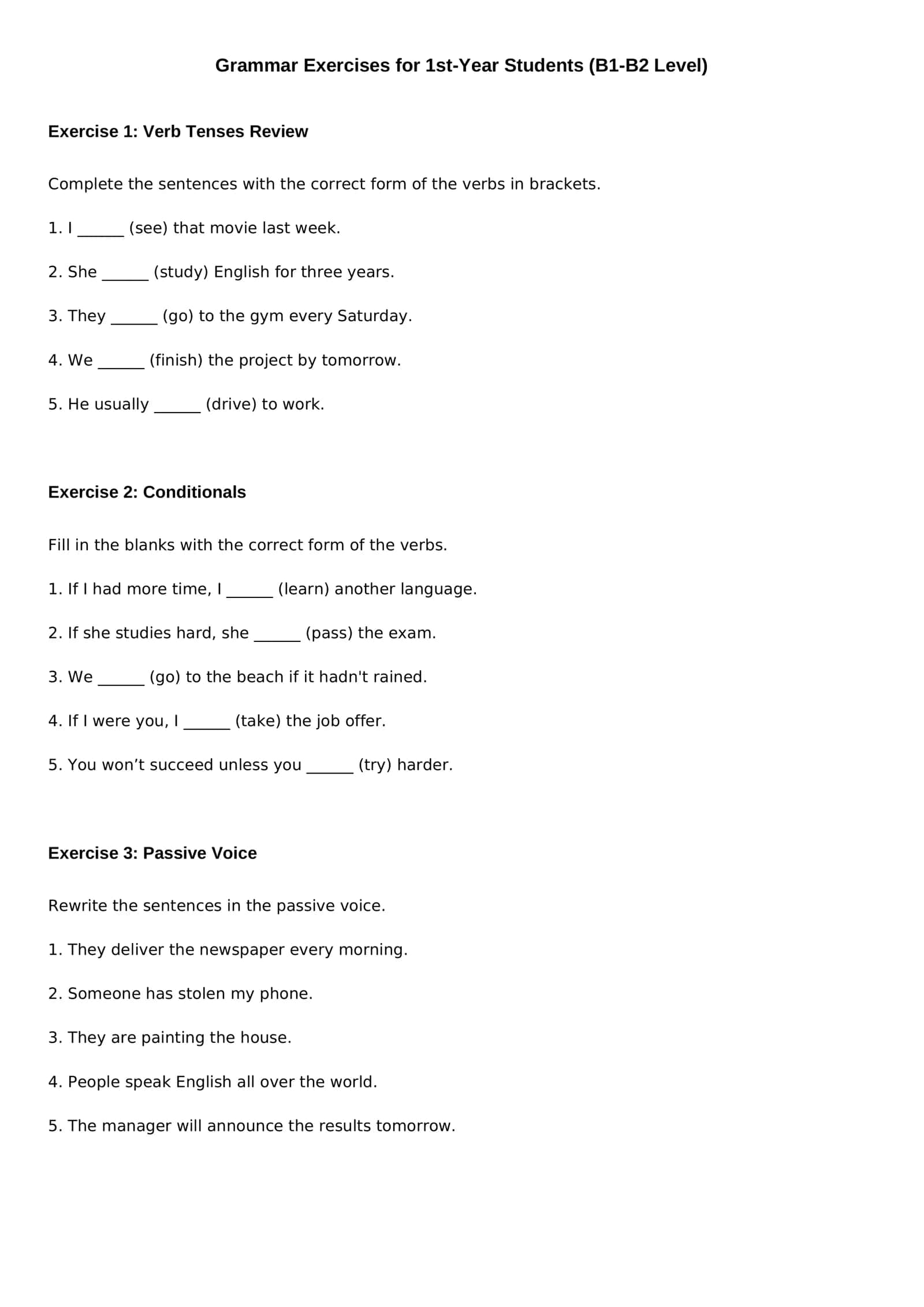 Grammar Exercises for 1st-Year Students (B1-B2 Level)