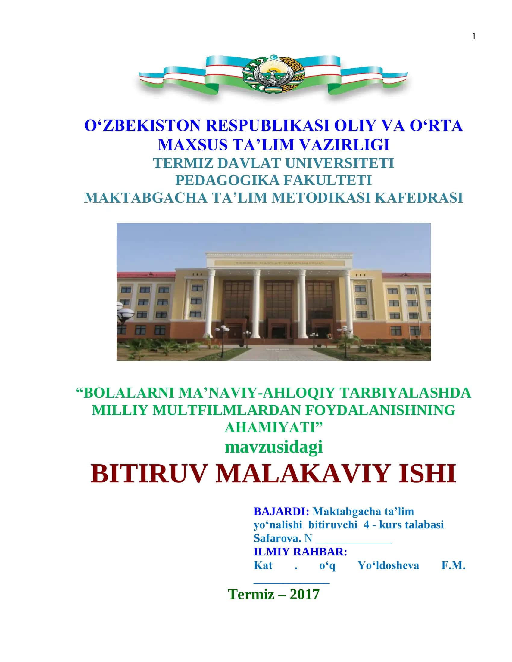 BOLALARNI MA’NAVIY-AHLOQIY TARBIYALASHDA MILLIY MULTFILMLARDAN FOYDALANISHNING AHAMIYATI