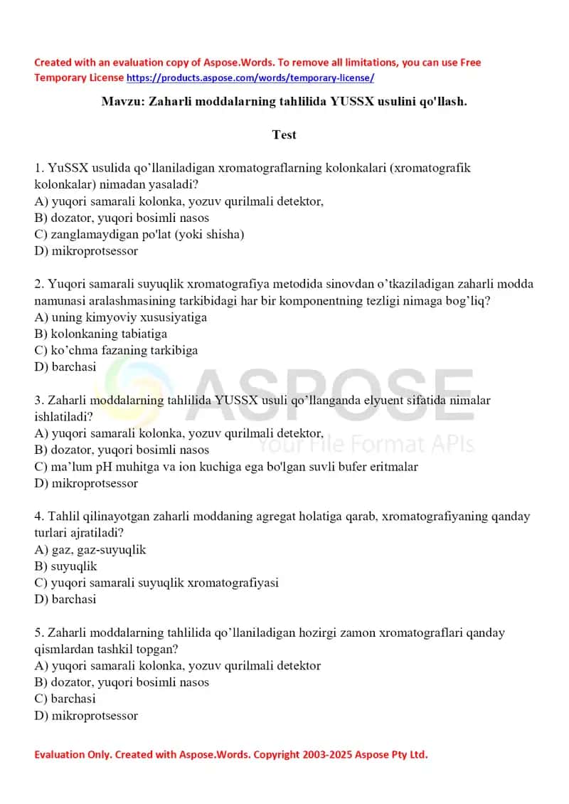 5. Zaharli moddalarning tahlilida YUSSX usulini qo'llash. Test 15 ta