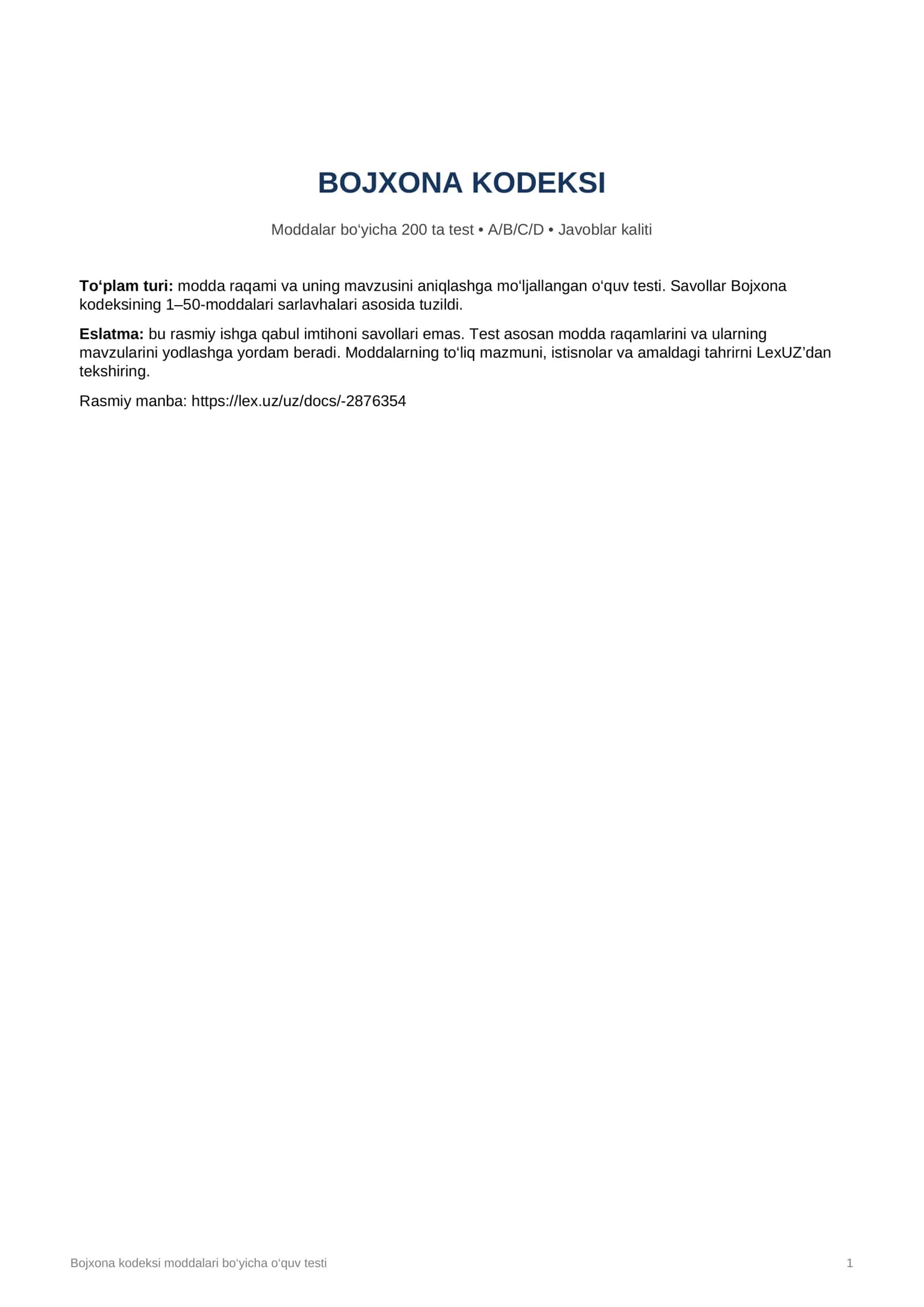 Bojxona kodeksi moddalari bo‘yicha 200 ta test