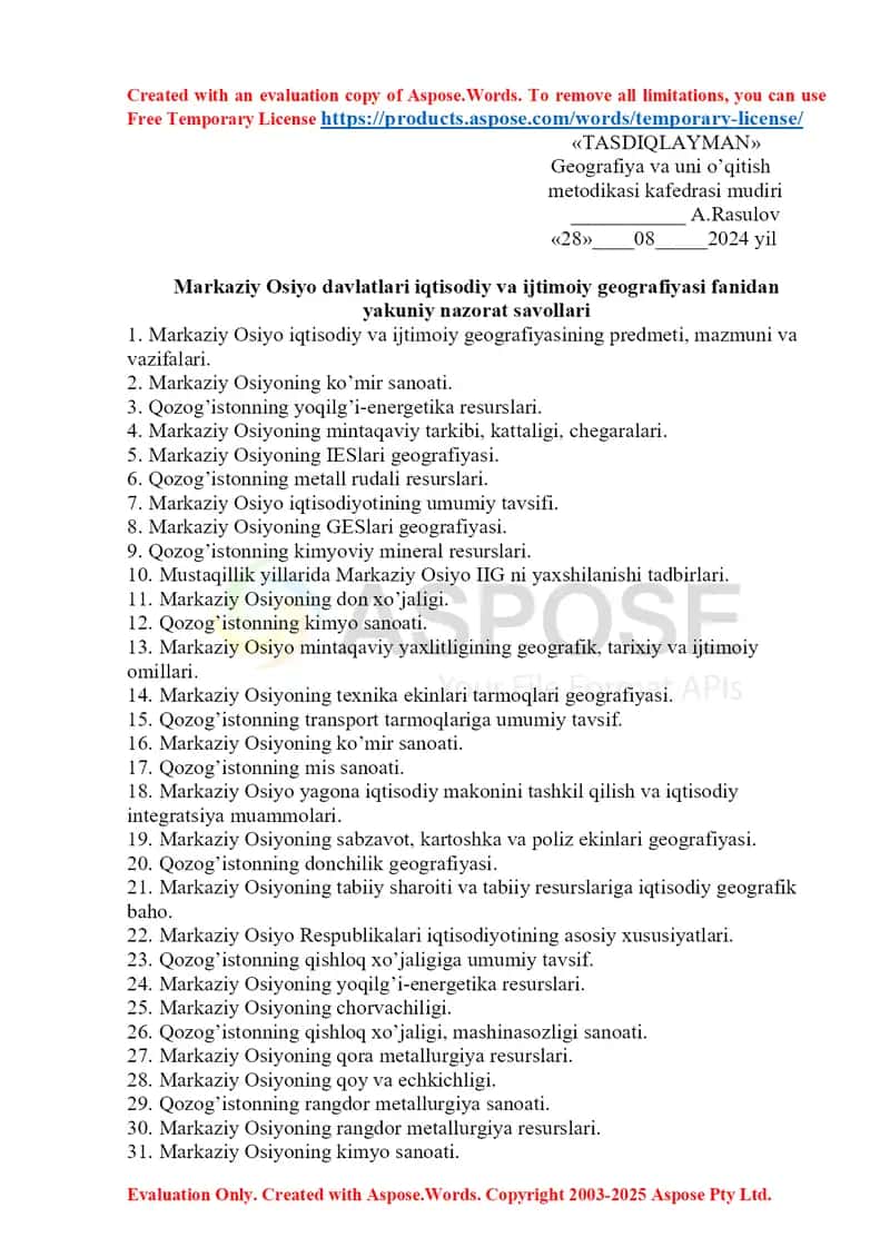 Markaziy Osiyo davlatlari iqtisodiy va ijtimoiy geografiyasi fanidan yakuniy nazorat savollari
