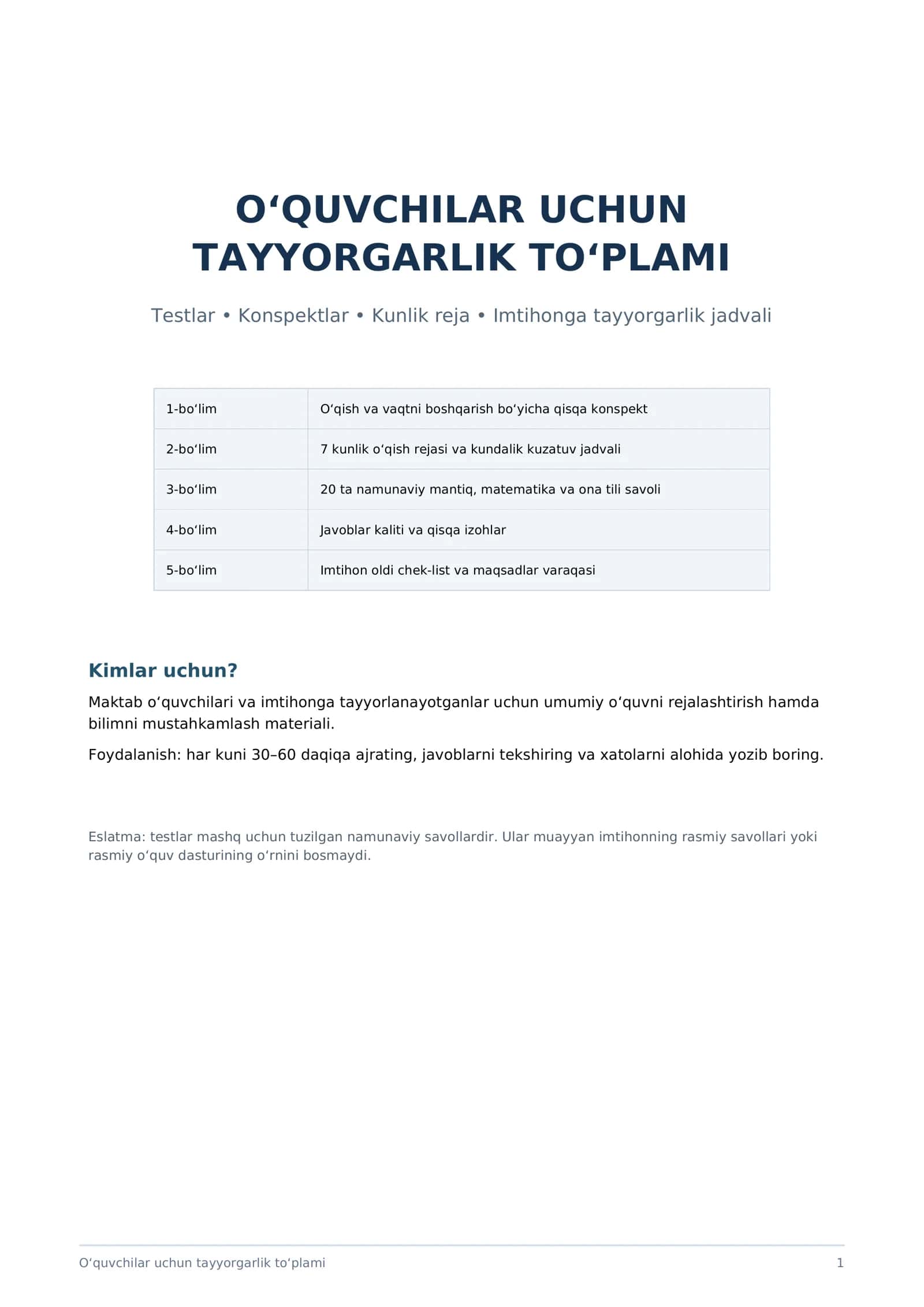 O‘quvchilar uchun testlar va imtihonga tayyorgarlik to‘plami