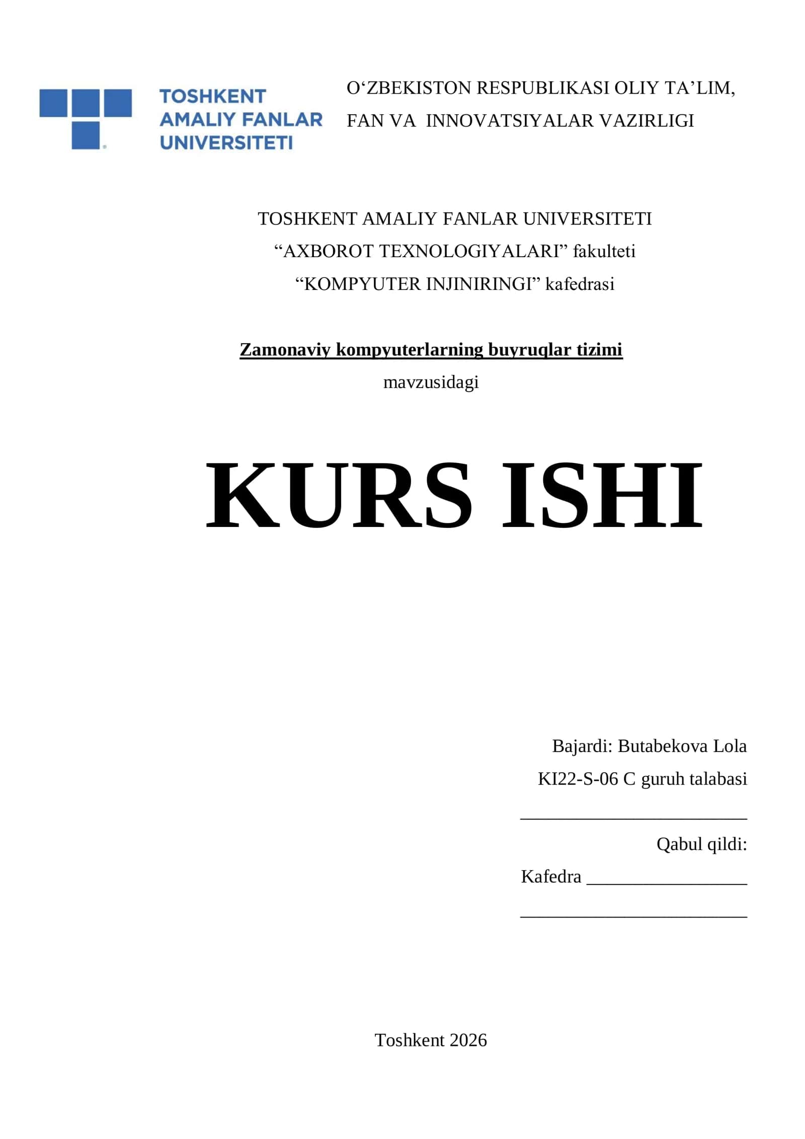 Zamonaviy kompyuterlarning buyruqlar tizimi KURS ISHI