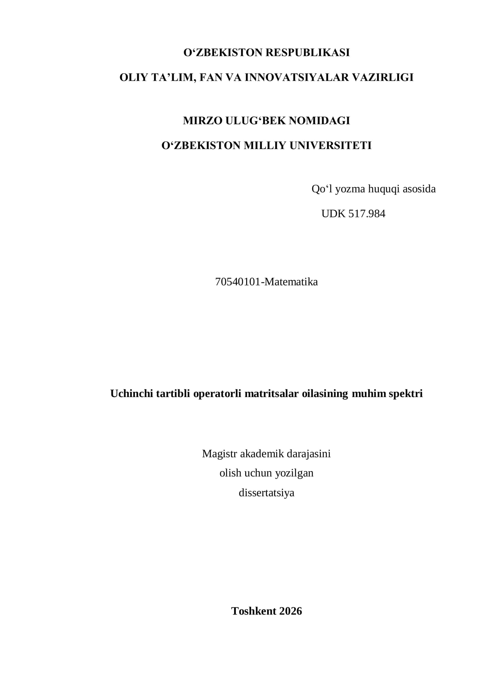 Uchinchi tartibli operatorli matritsalar oilasining muhim spektri