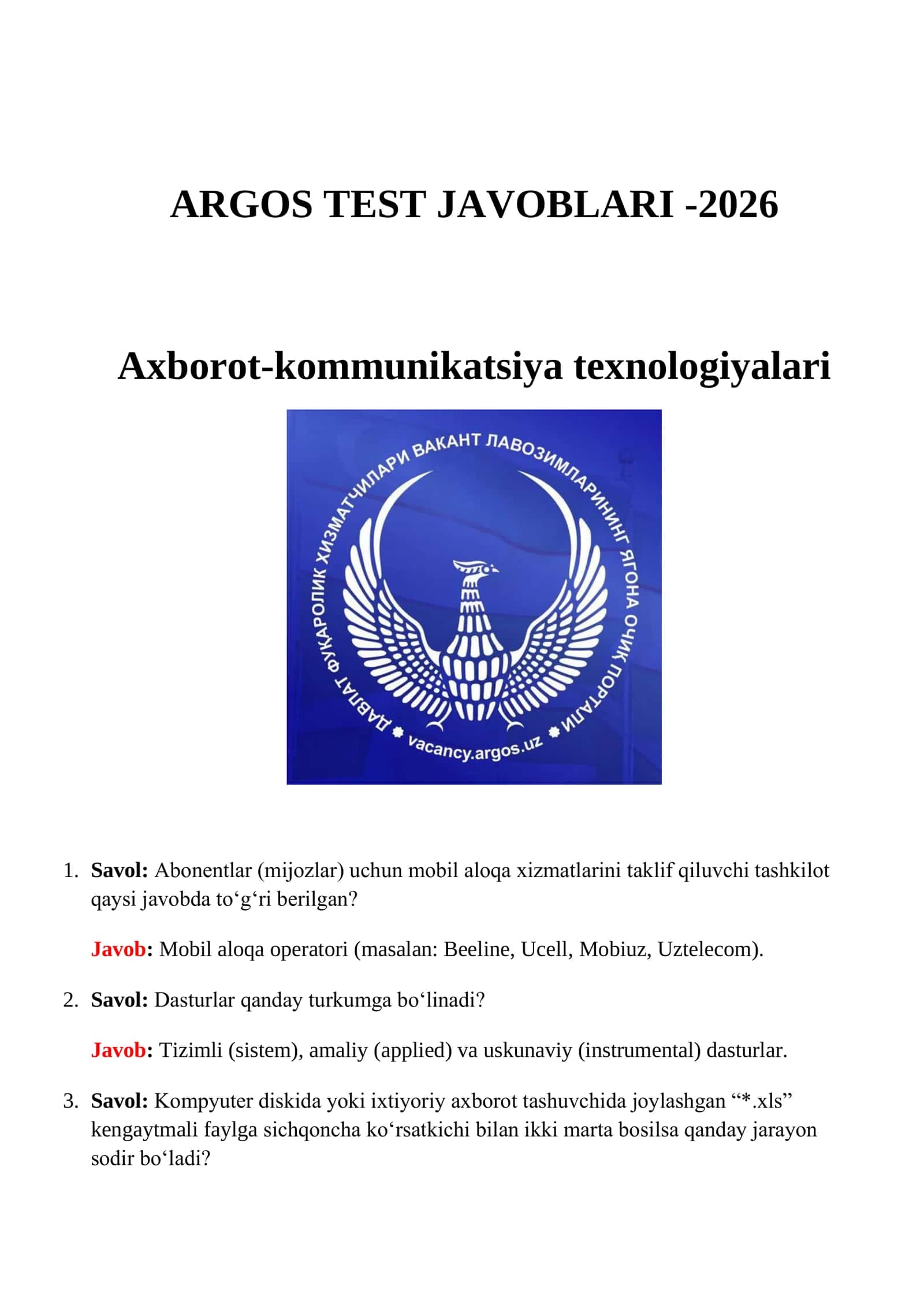 Argos test javoblari 2026-yil yangi | Axborot-kommunikatsiya texnologiyalari