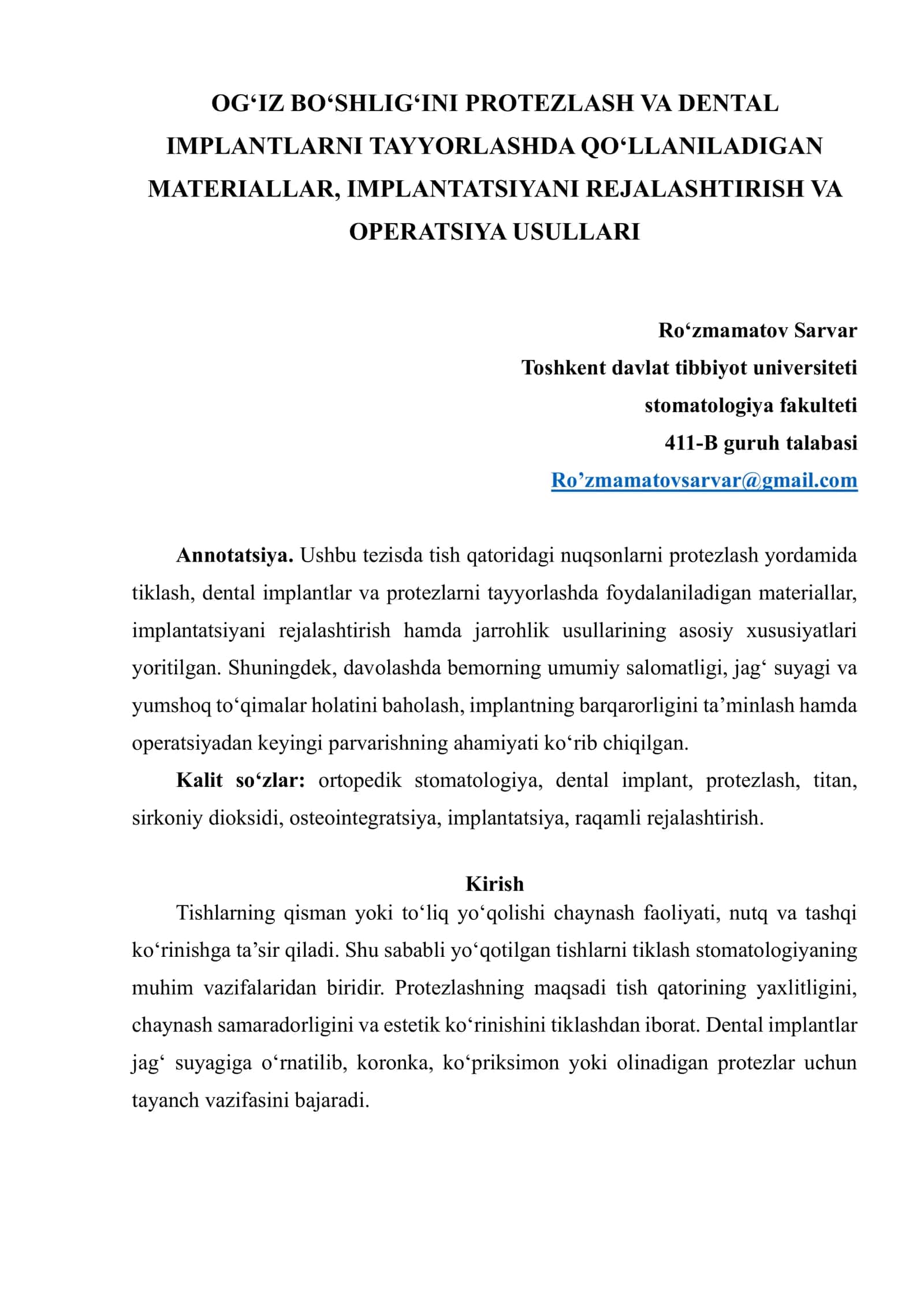 OG‘IZ BO‘SHLIG‘INI PROTEZLASH VA DENTAL IMPLANTLARNI TAYYORLASHDA QO‘LLANILADIGAN MATERIALLAR, IMPLANTATSIYANI REJALASHTIRISH VA OPERATSIYA USULLARI