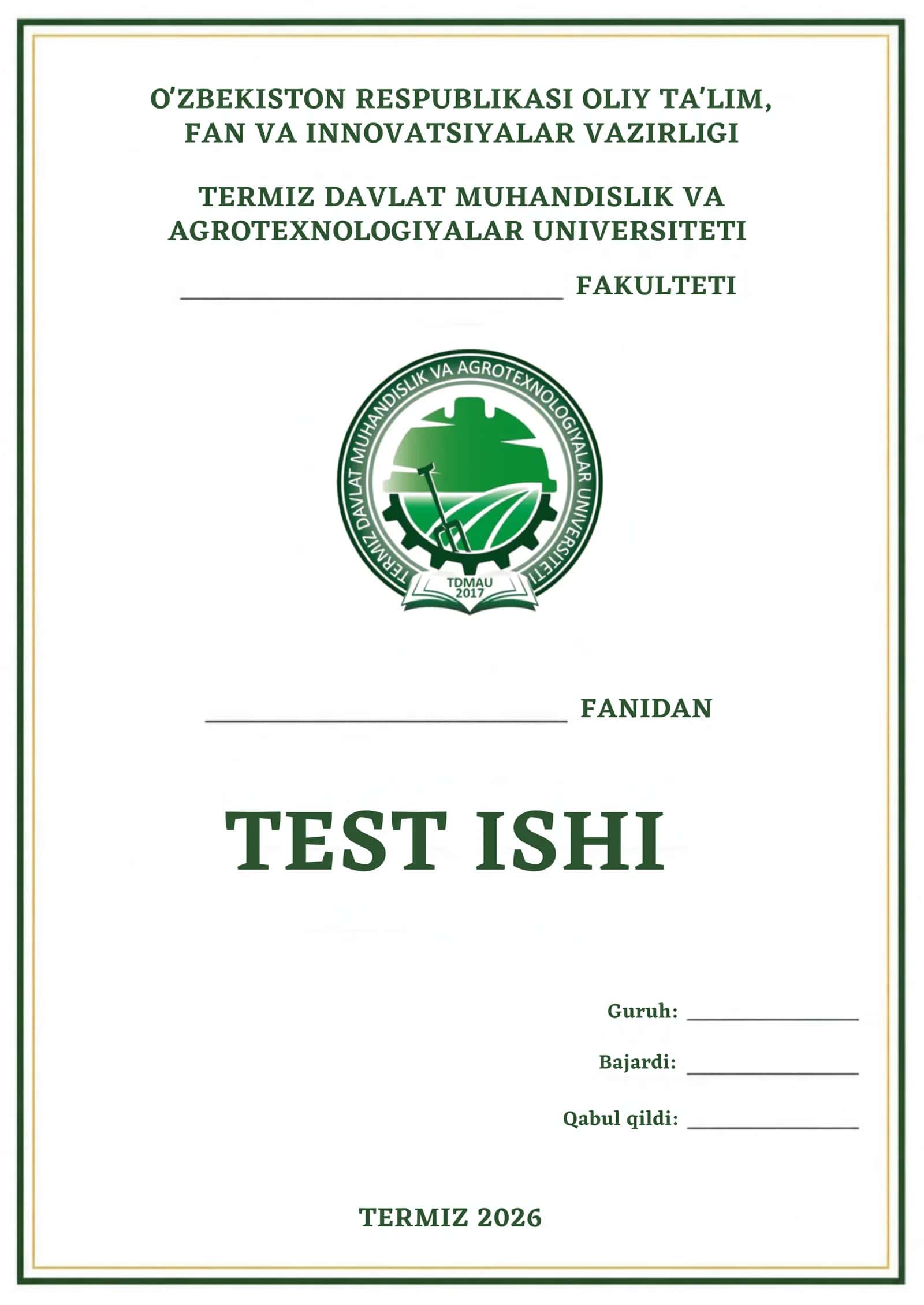 test uchun muqova