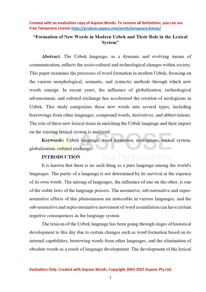 Formation of New Words in Modern Uzbek and Their Role in the Lexical System