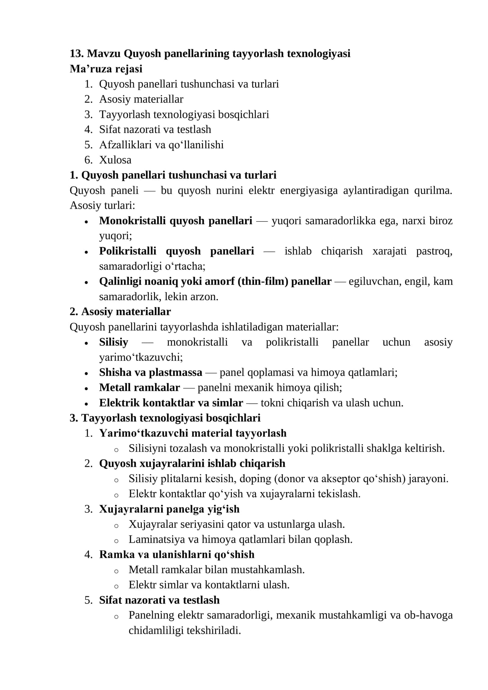 Quyosh panellarining tayyorlash texnologiyasi