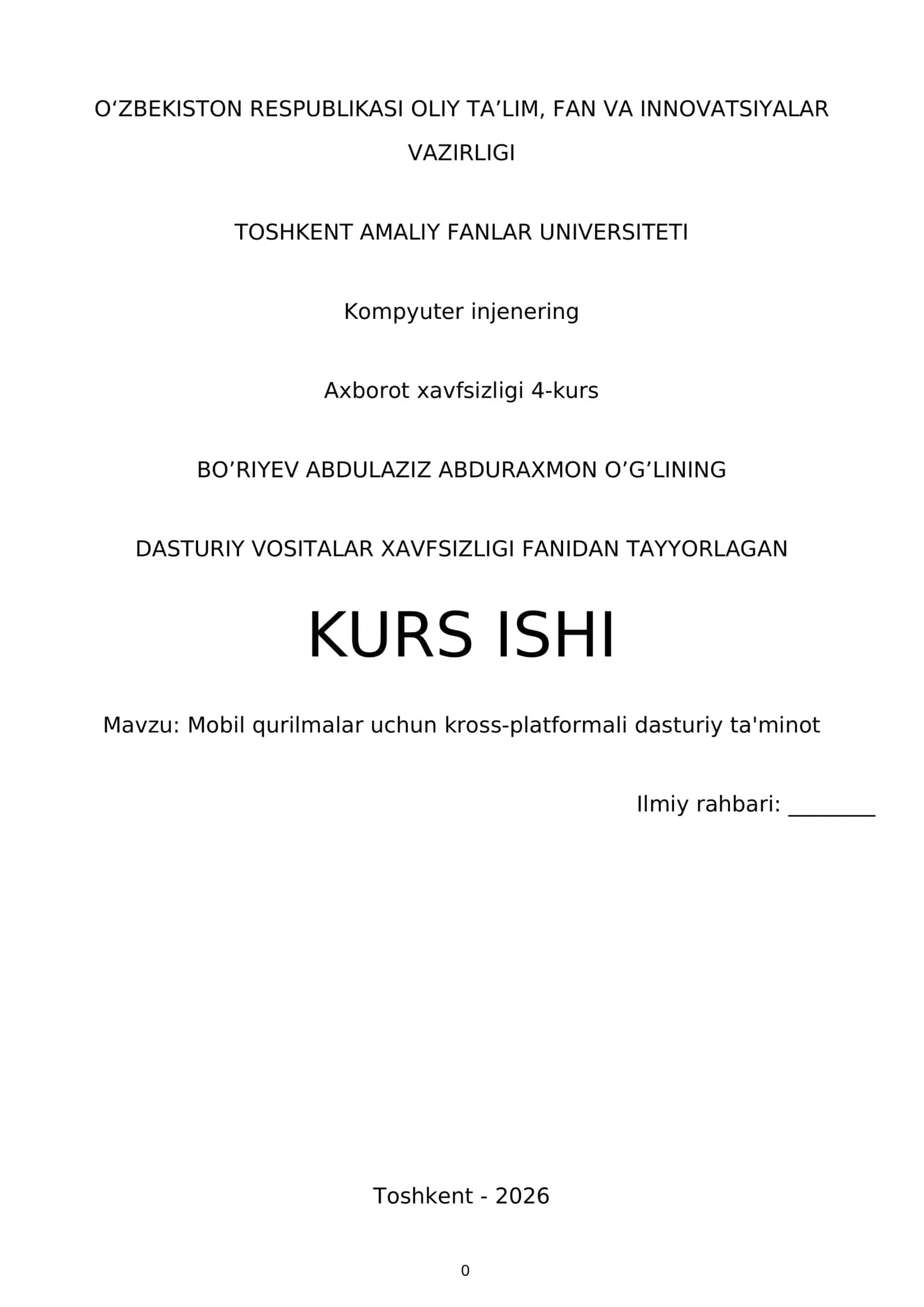 DASTURIY VOSITALAR XAVFSIZLIGI FANIDAN TAYYORLAGAN