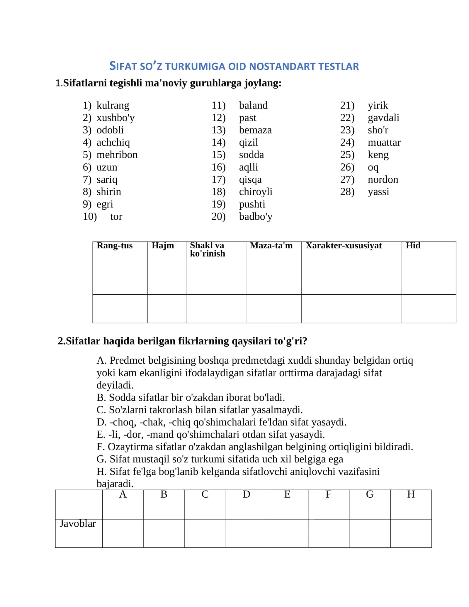 Sifat so'z turkumiga oid nostandart testlar