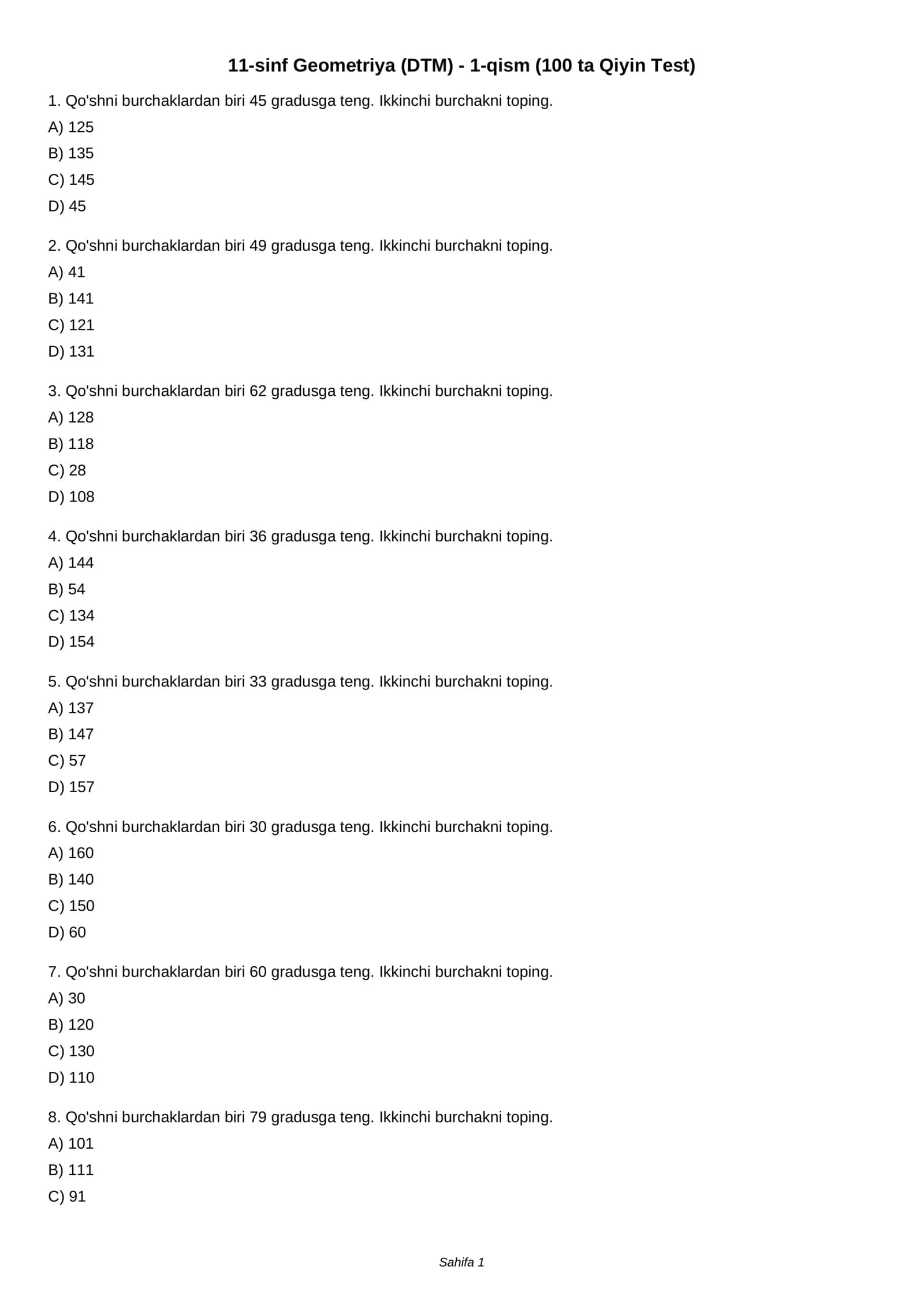 11-sinf Geometriya (DTM) - 1-qism (100 ta Qiyin Test)