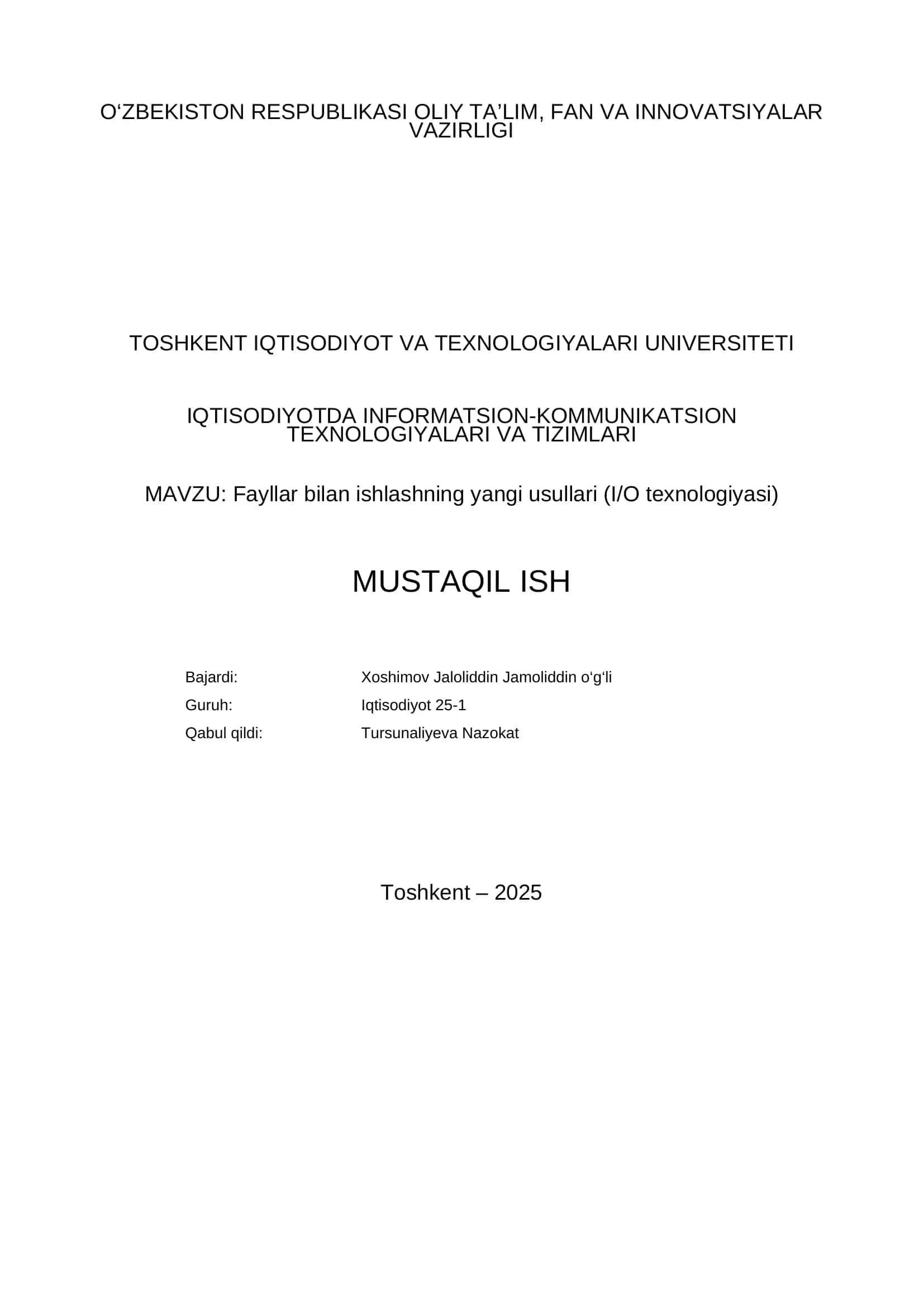 Fayllar bilan ishlashning yangi usullari (I/O texnologiyasi)