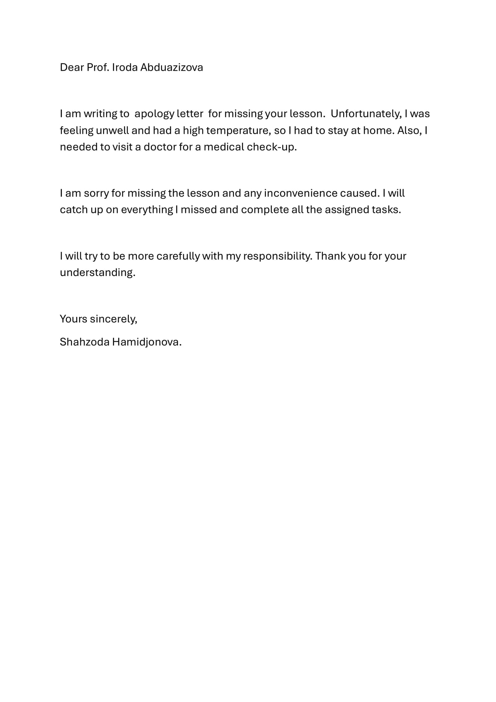 Apology Letter for Missing Lesson