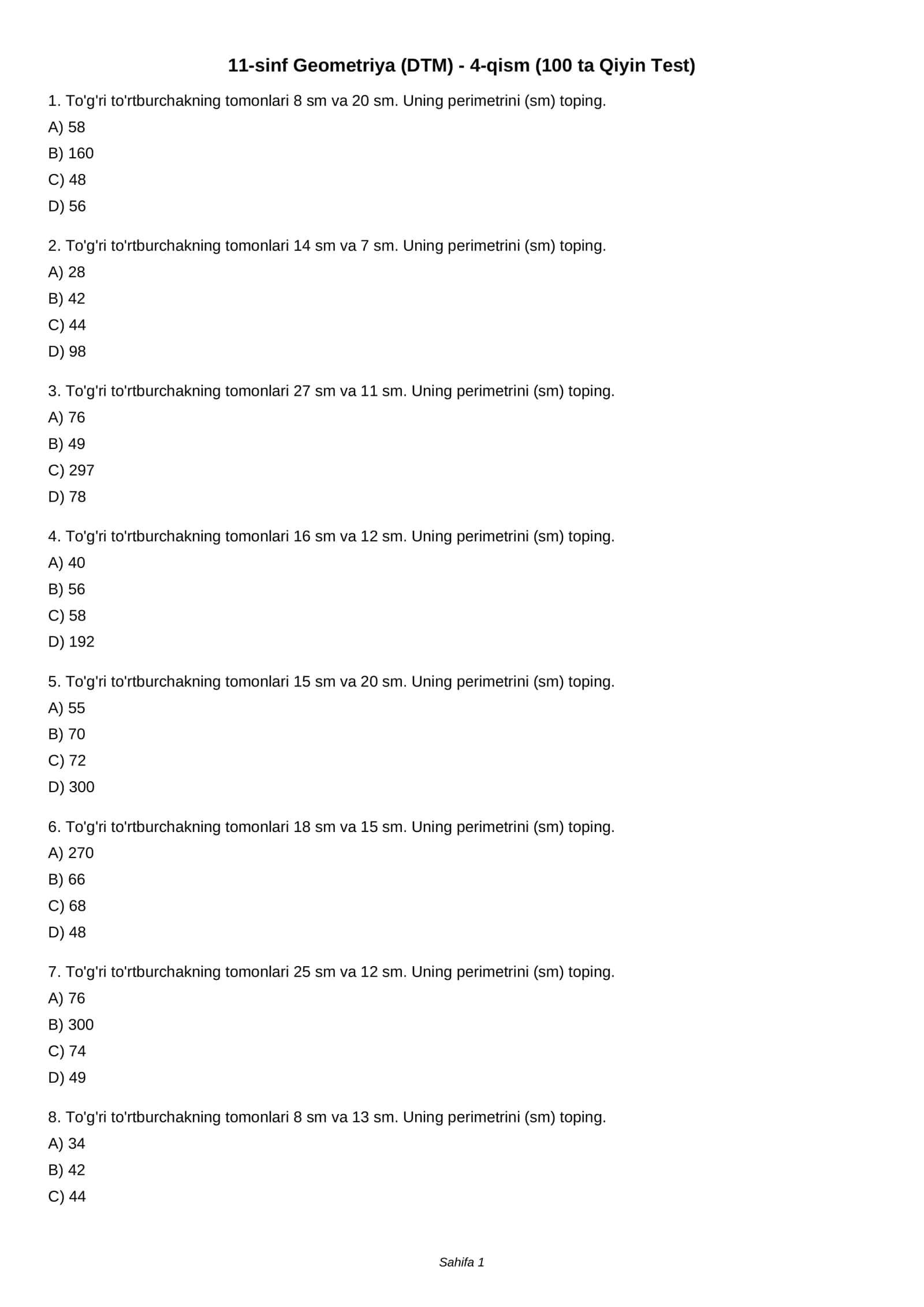 11-sinf Geometriya (DTM) - 4-qism (100 ta Qiyin Test)