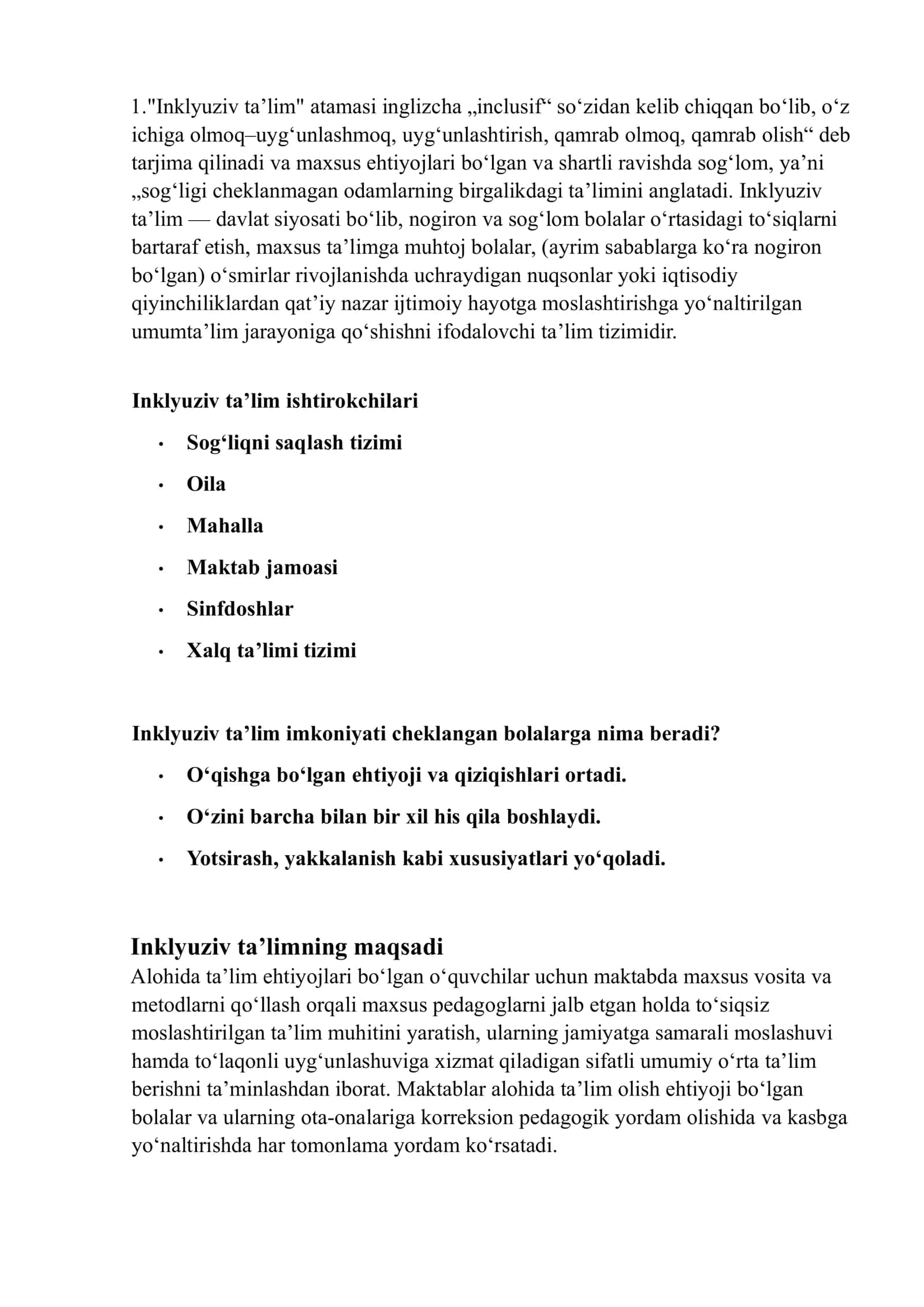 inklyuziv talim haqida ma'lumotlar