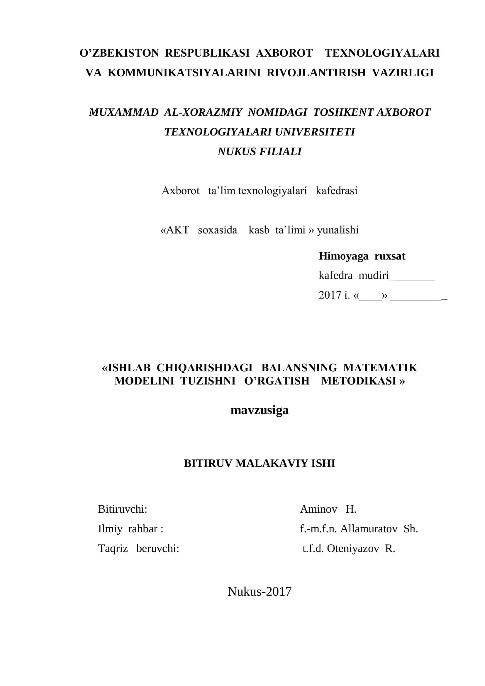 ISHLAB CHIQARISHDAGI BALANSNING MATEMATIK