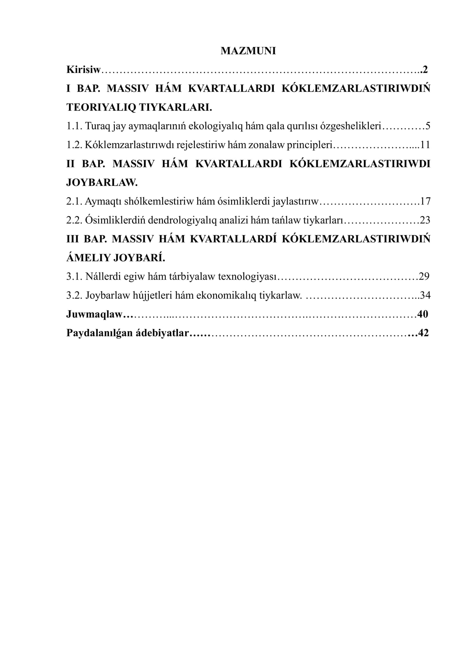 MASSIV HÁM KVARTALLARDI KÓKLEMZARLASTIRIWDIŃ ÁMELIY JOYBARÍ