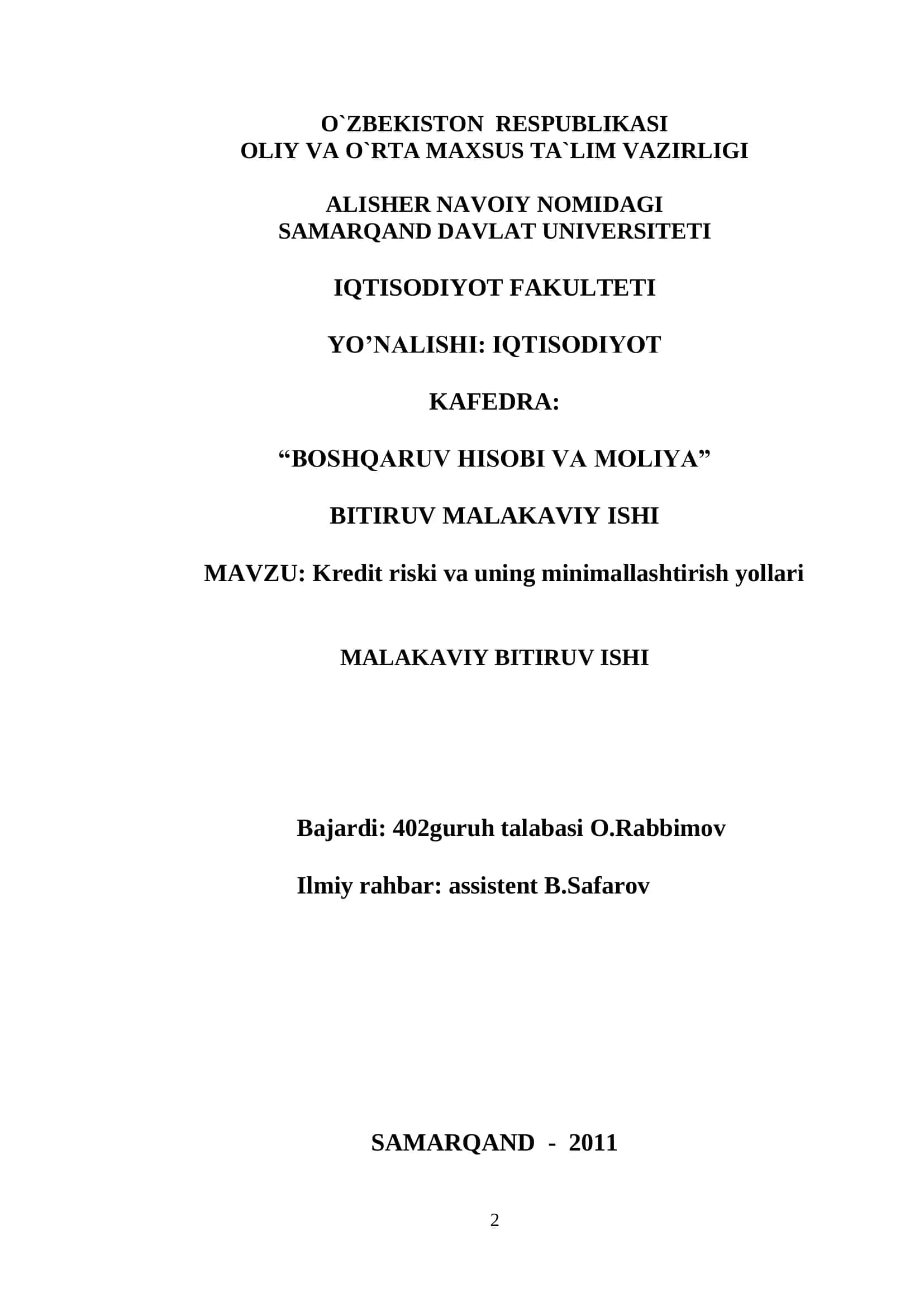 Kredit riski va uning minimallashtirish yollari
