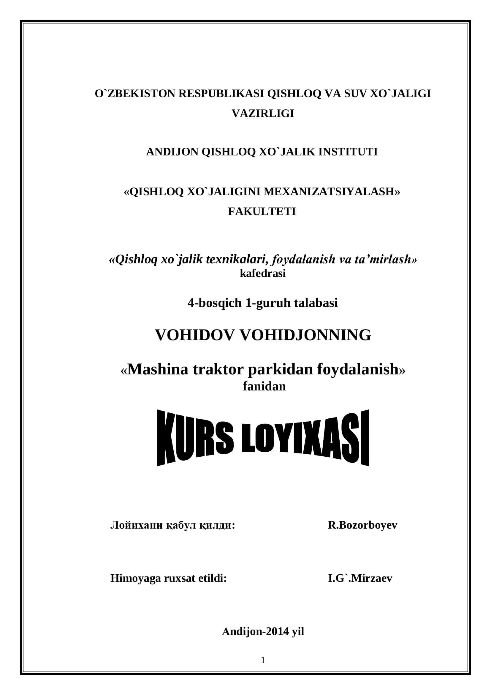 Mashina traktor parkidan foydalanish