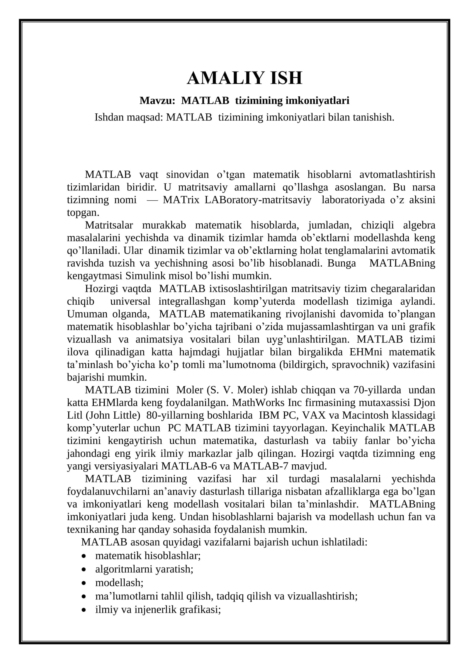 MATLAB tizimining imkoniyatlari
