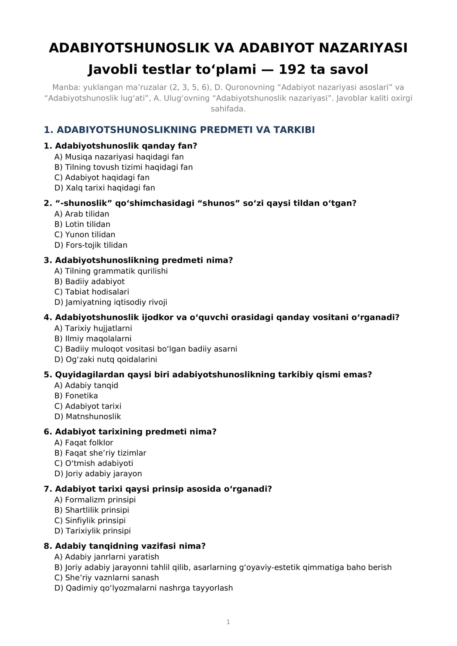 ADABIYOTSHUNOSLIK VA ADABIYOT NAZARIYASI